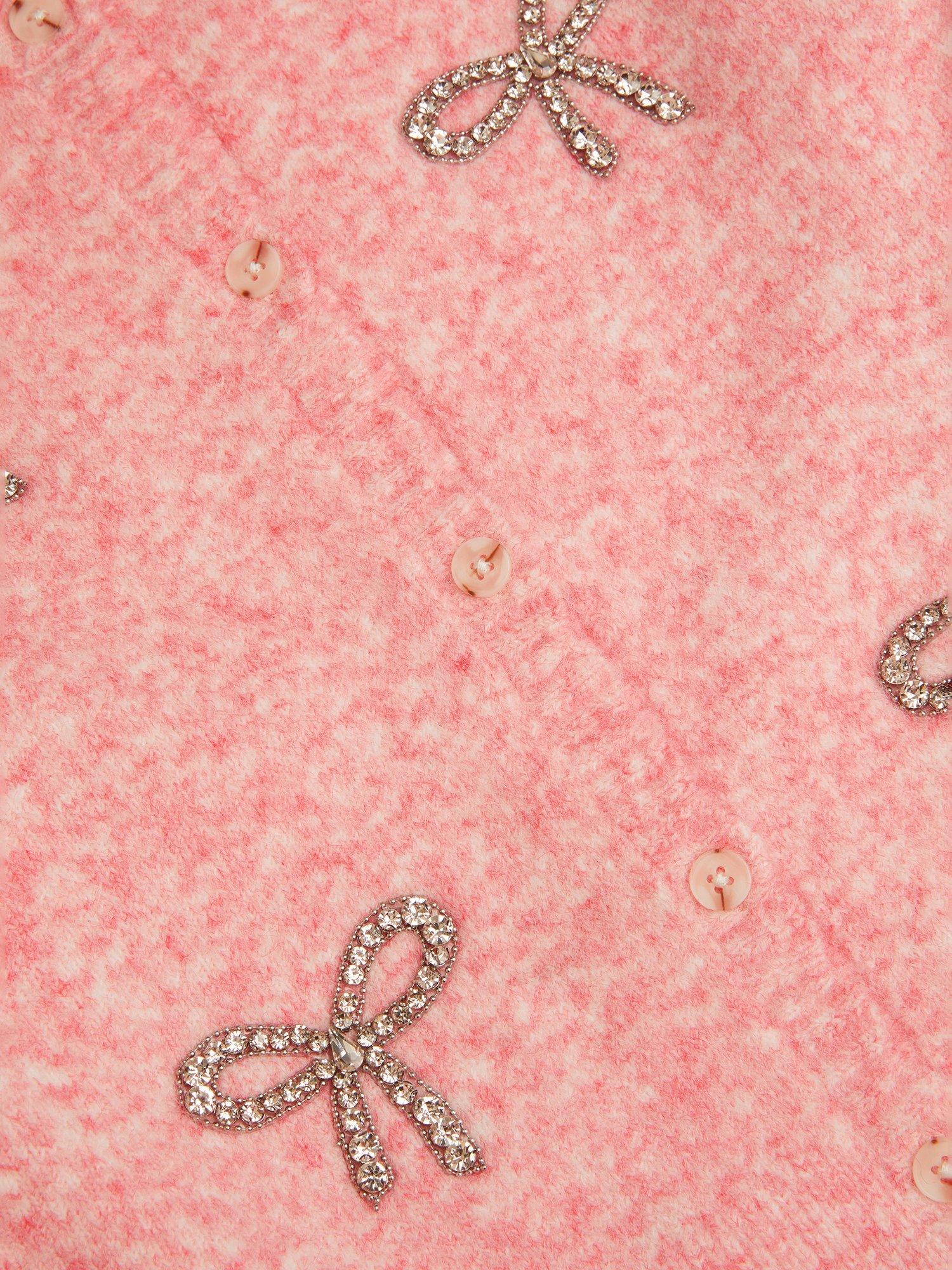Product image 3 of 3, which shows Monsoon Kids' Long Sleeved Sequin Bow Button Cardigan, Pink, 3-4 years