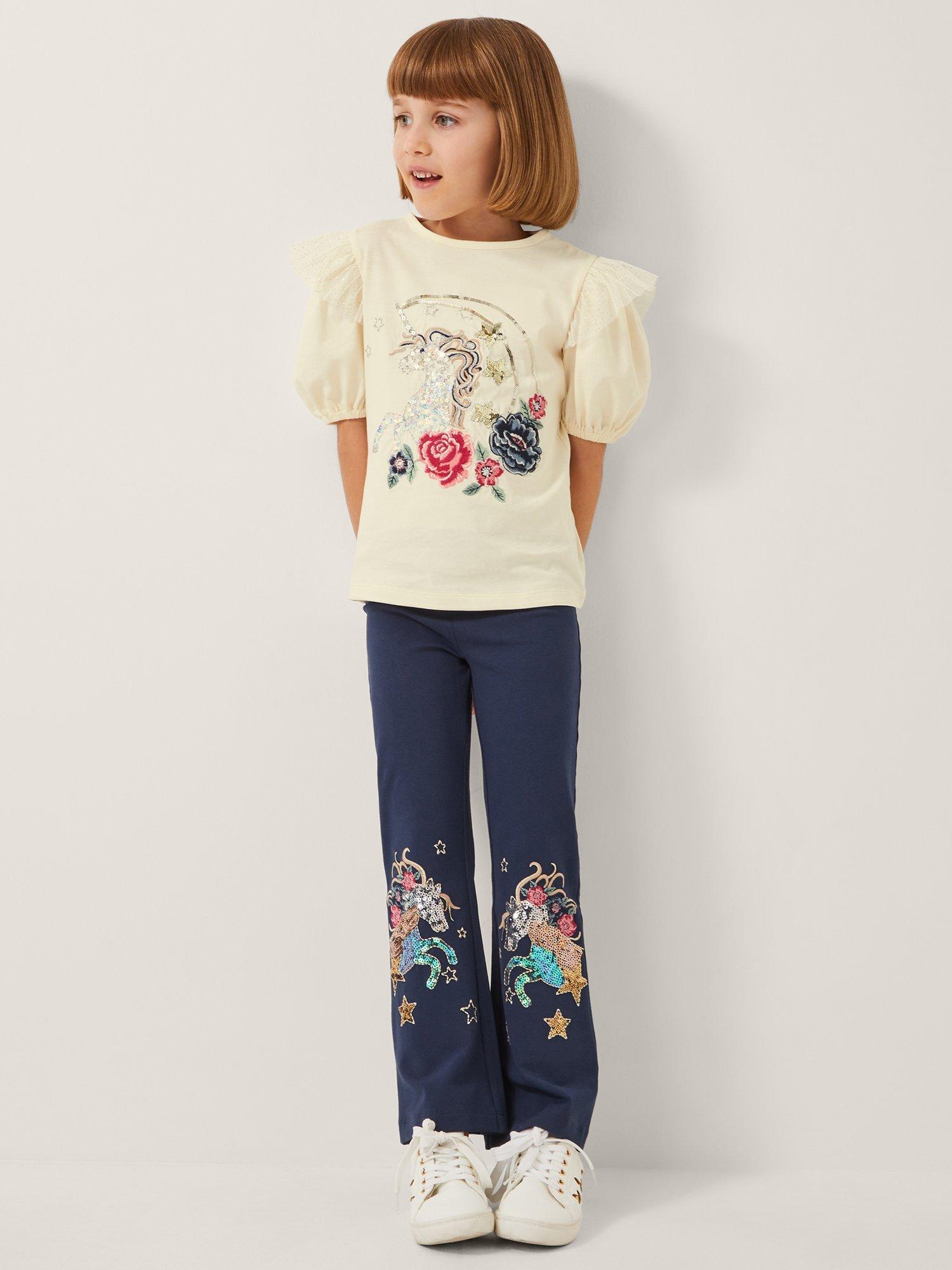 Product image 1 of 4, which shows Monsoon Kids' Cotton Sequin Unicorn Leggings, Navy, 7-8 years