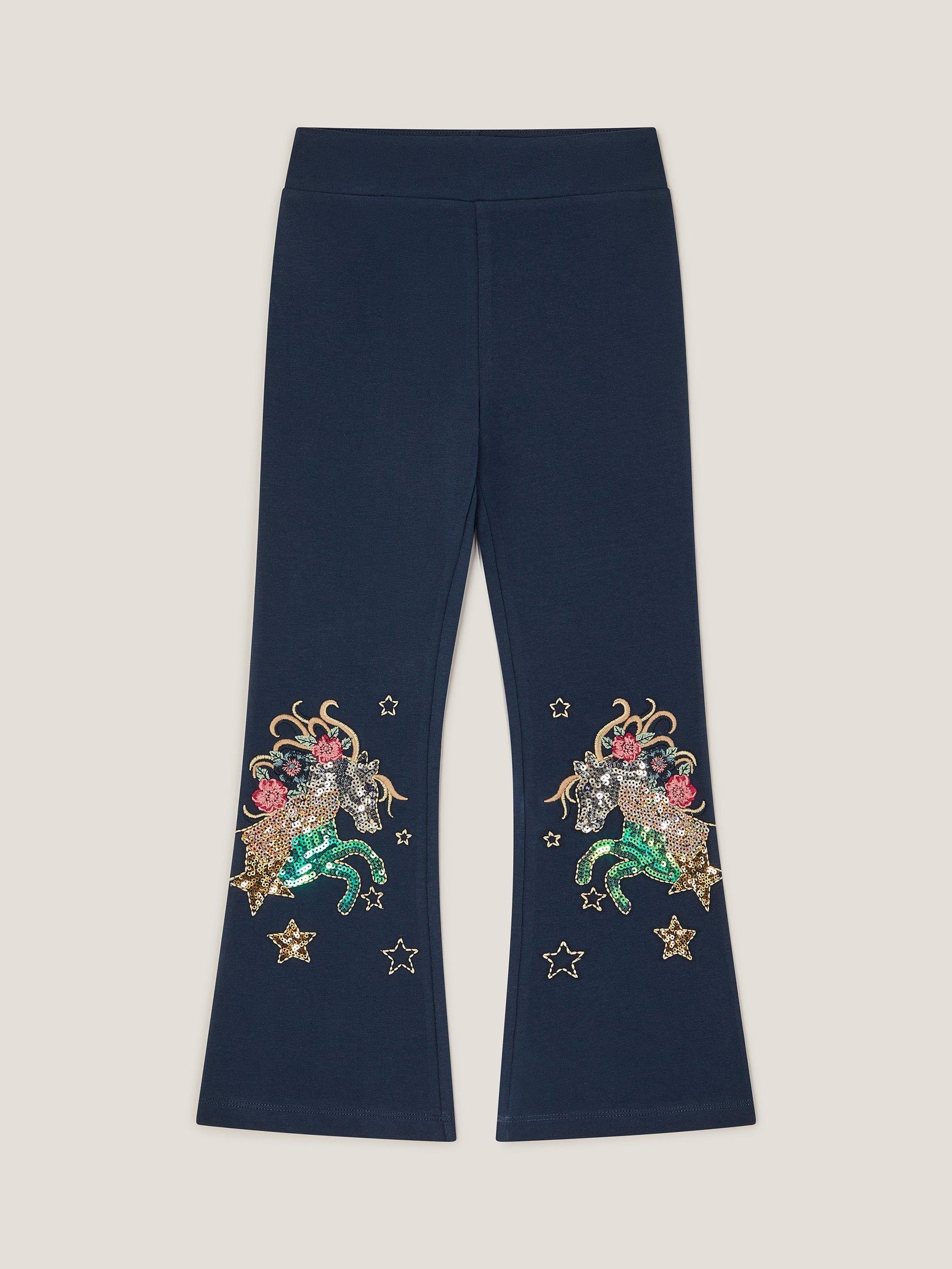 Product image 2 of 4, which shows Monsoon Kids' Cotton Sequin Unicorn Leggings, Navy, 7-8 years