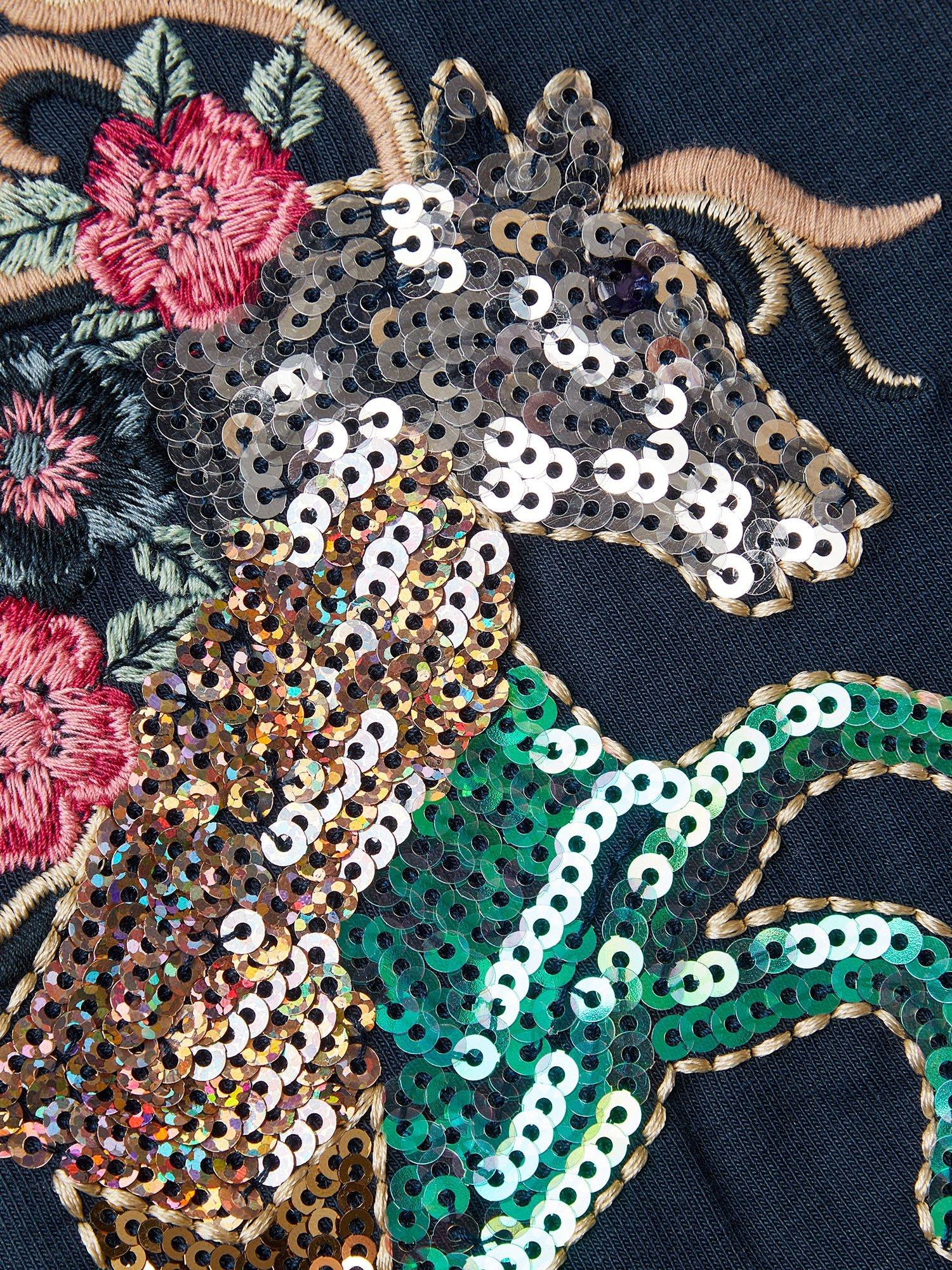 Product image 4 of 4, which shows Monsoon Kids' Cotton Sequin Unicorn Leggings, Navy, 7-8 years