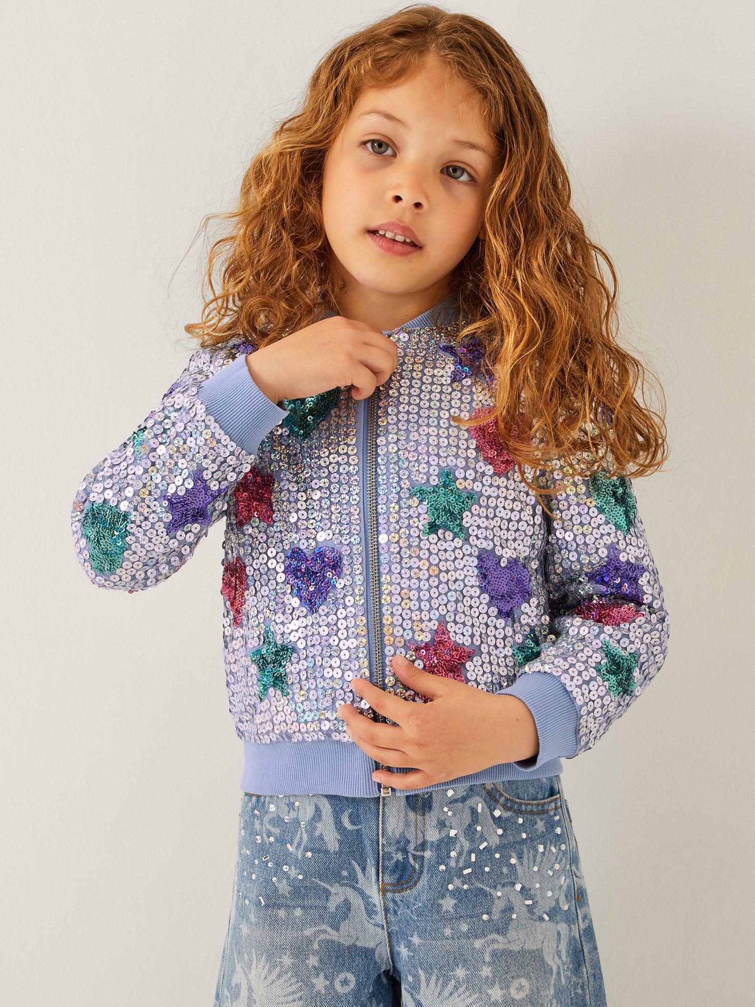 Product image 1 of 4, which shows Monsoon Kids' Sequin Star and Heart Jacket, Blue, 9-10 years