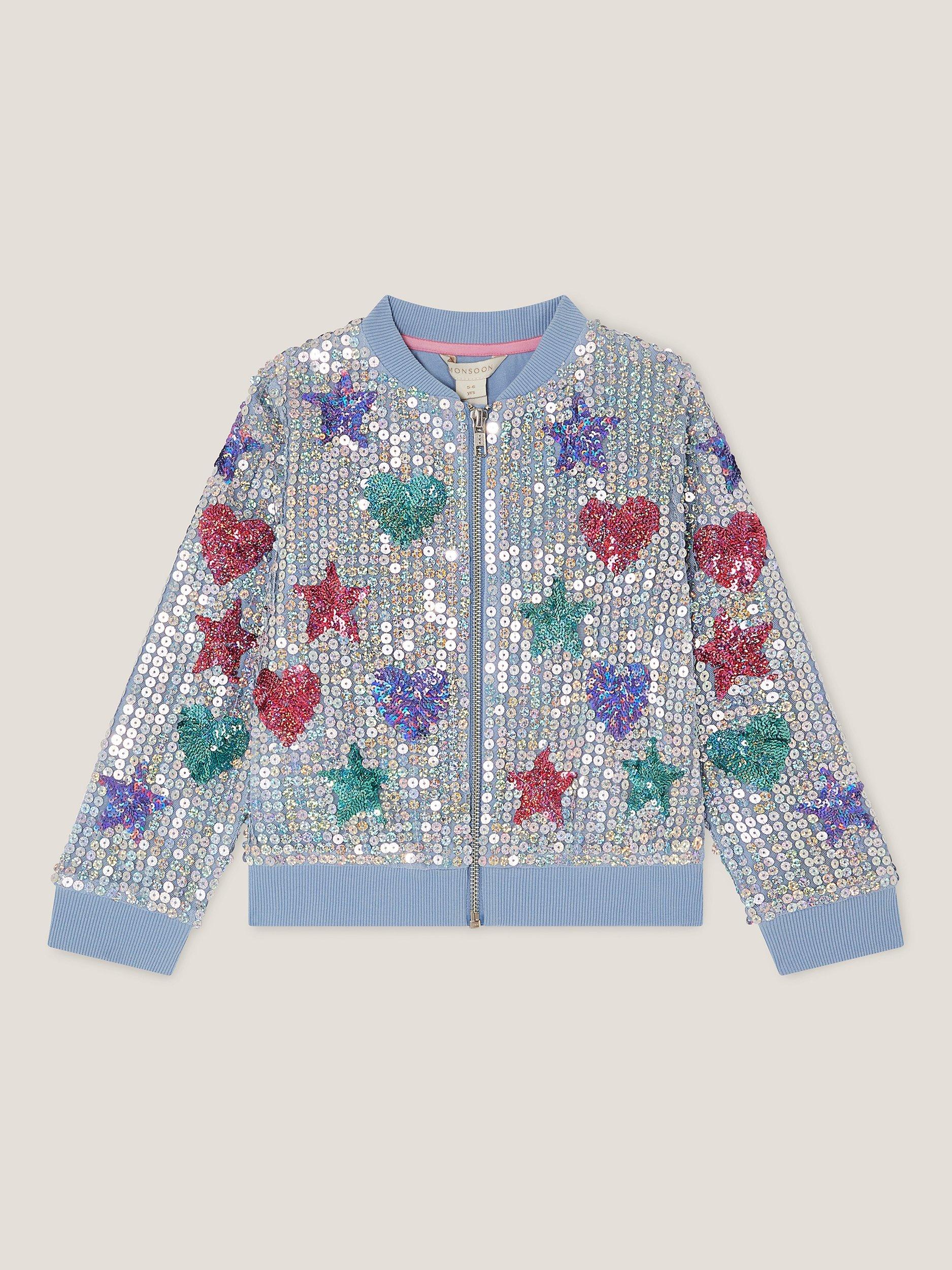 Product image 2 of 4, which shows Monsoon Kids' Sequin Star and Heart Jacket, Blue, 9-10 years
