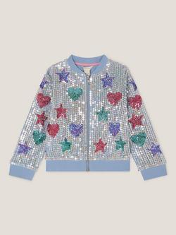 Monsoon Kids' Sequin Star and Heart Jacket, Blue - view 2, Blue