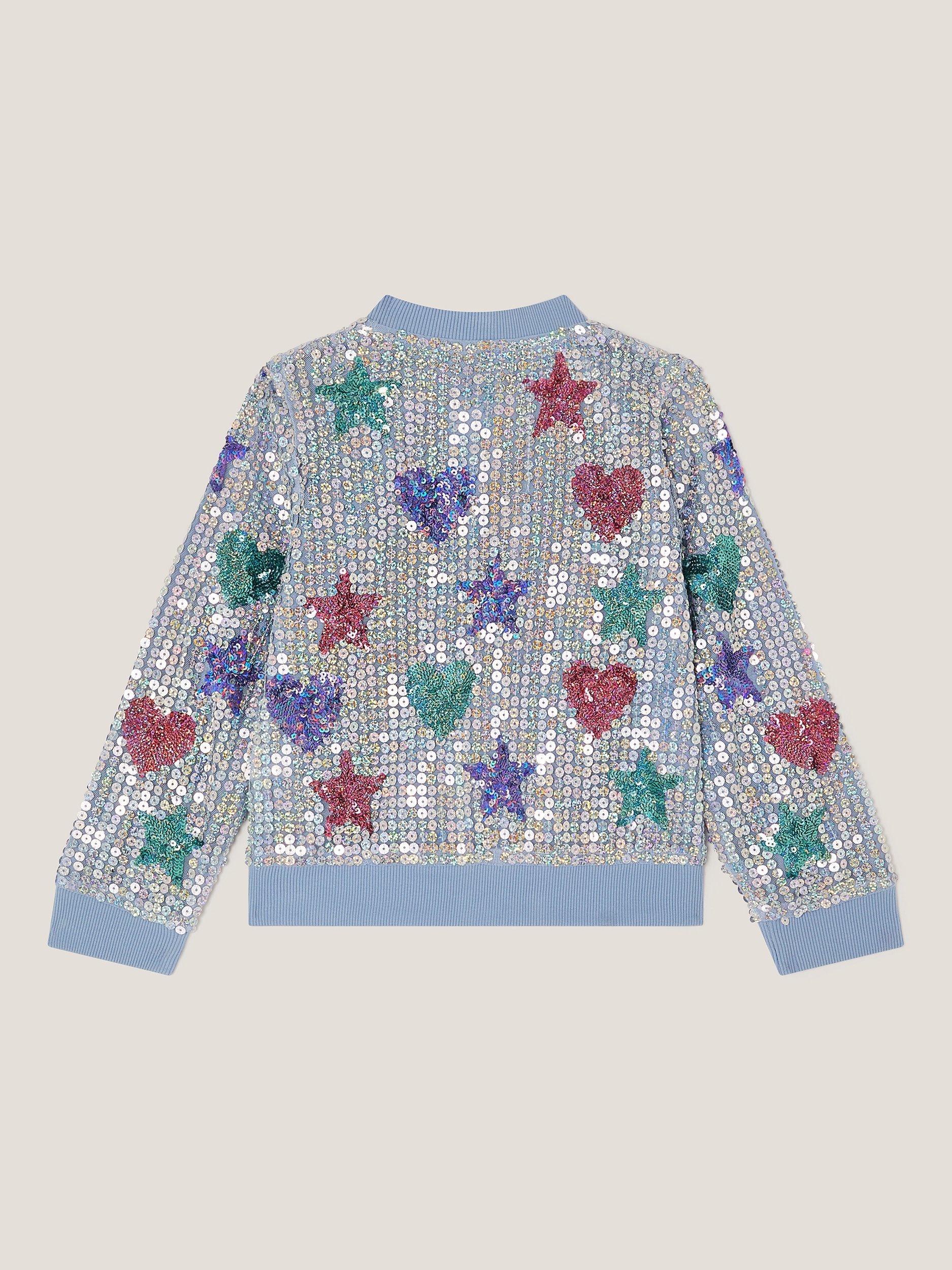 Product image 3 of 4, which shows Monsoon Kids' Sequin Star and Heart Jacket, Blue, 9-10 years