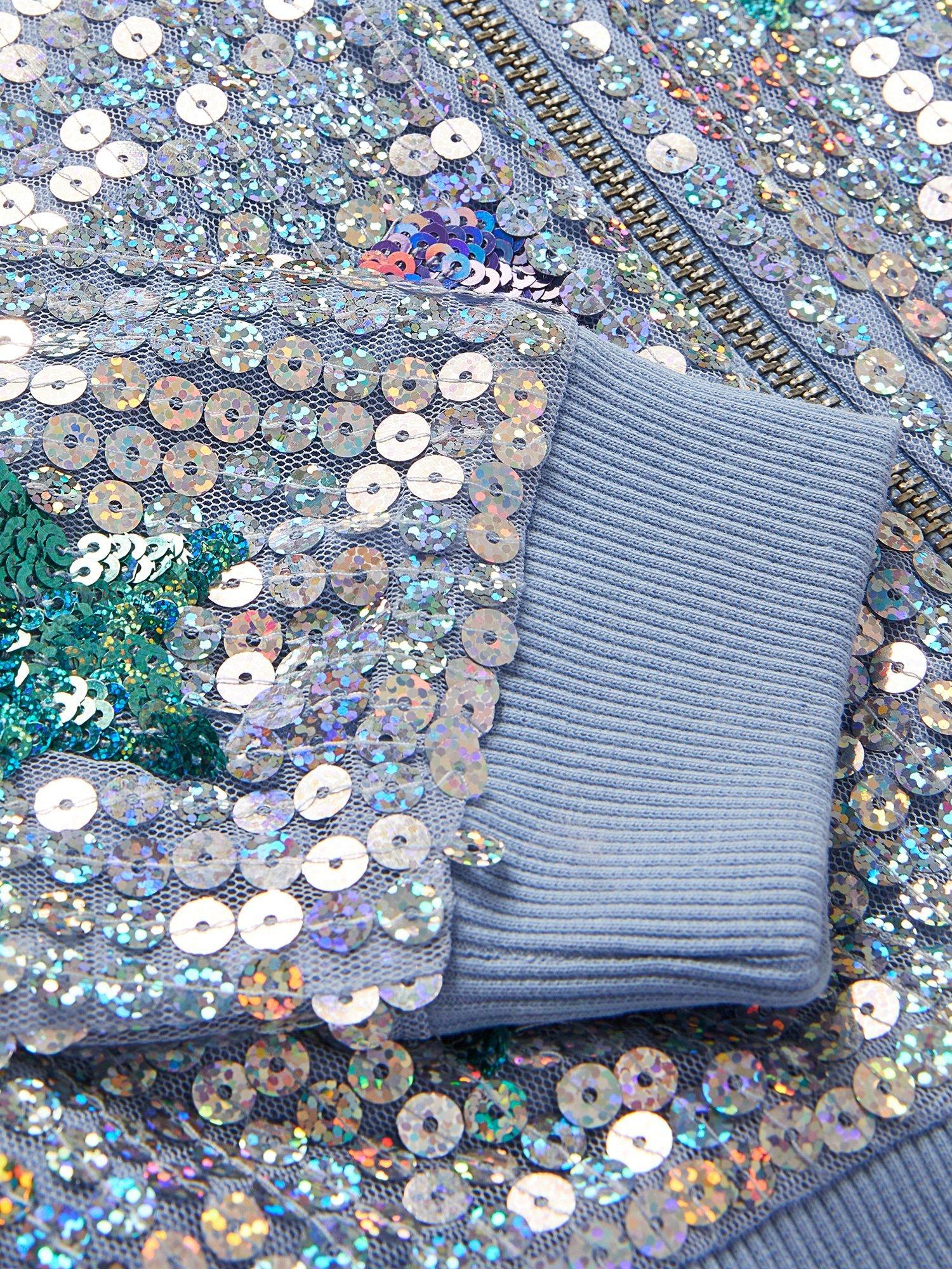 Product image 4 of 4, which shows Monsoon Kids' Sequin Star and Heart Jacket, Blue, 9-10 years