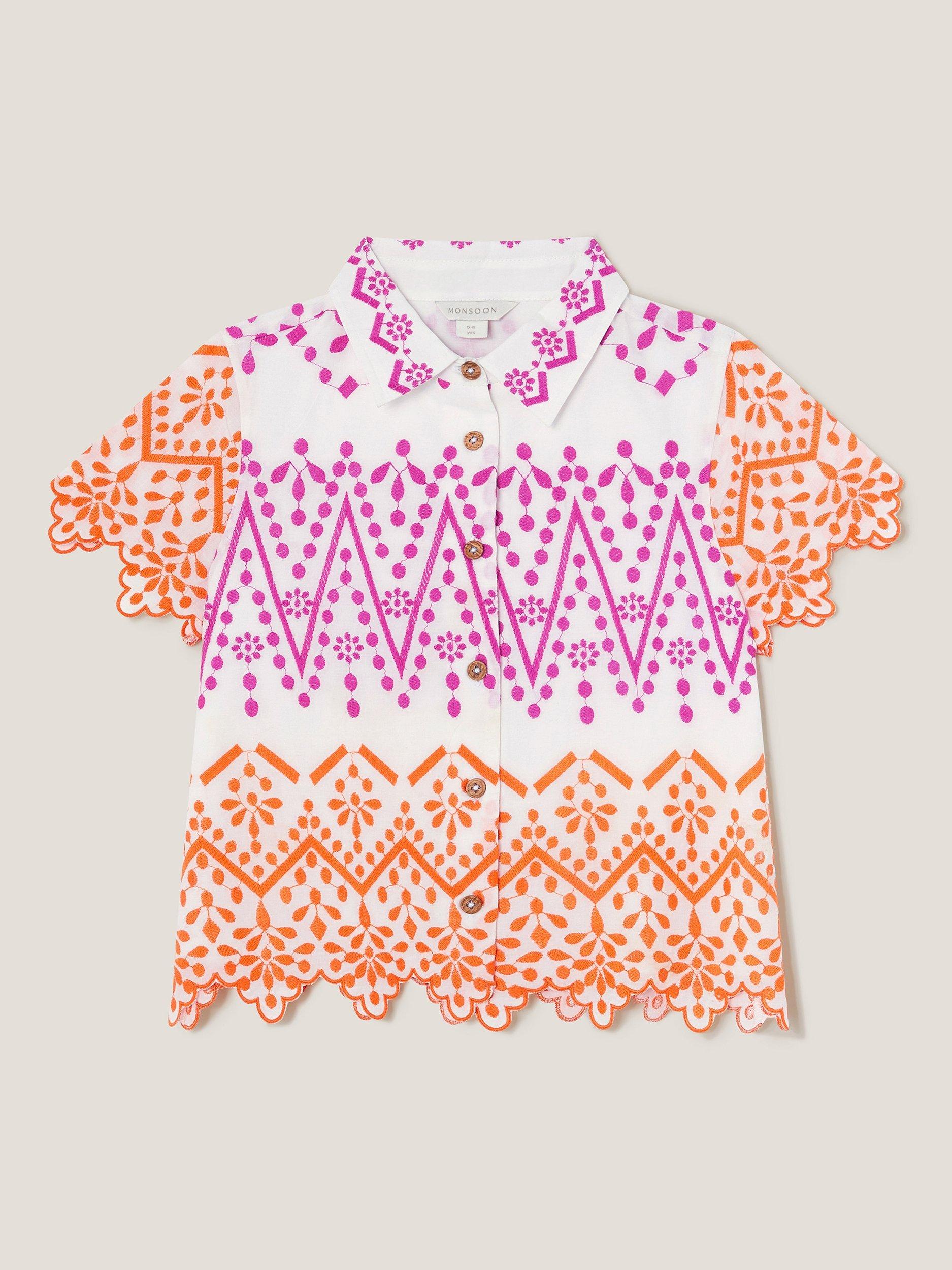 Product image 2 of 4, which shows Monsoon Kids' Cotton Short Sleeve Embroidered Shirt, White, 3 years