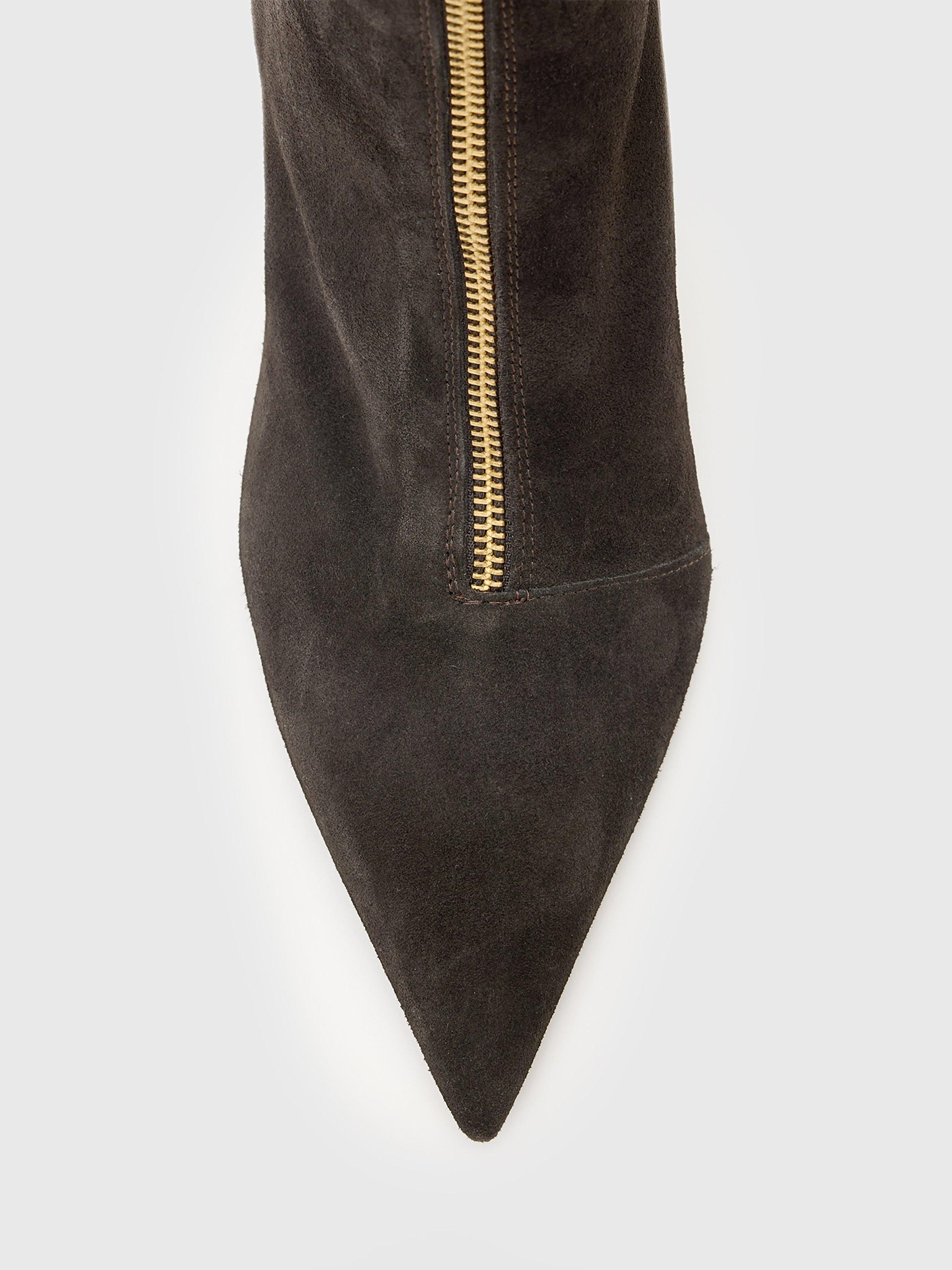 Product image 2 of 5, which shows AllSaints Natasha Suede Stiletto Boots, Bitter Brown, EU40