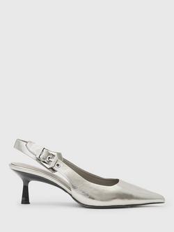 AllSaints Idiya Leather Pointed Buckle Slingback Courts, Gunmetal Grey