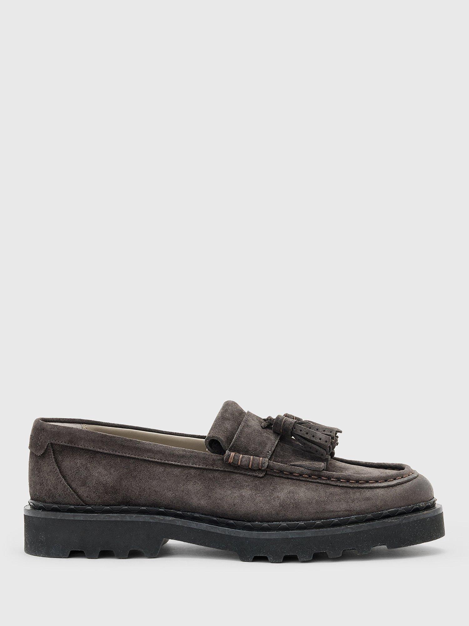 Product image 1 of 5, which shows AllSaints Skiff Suede Tassel Loafers, Warm Grey, EU44