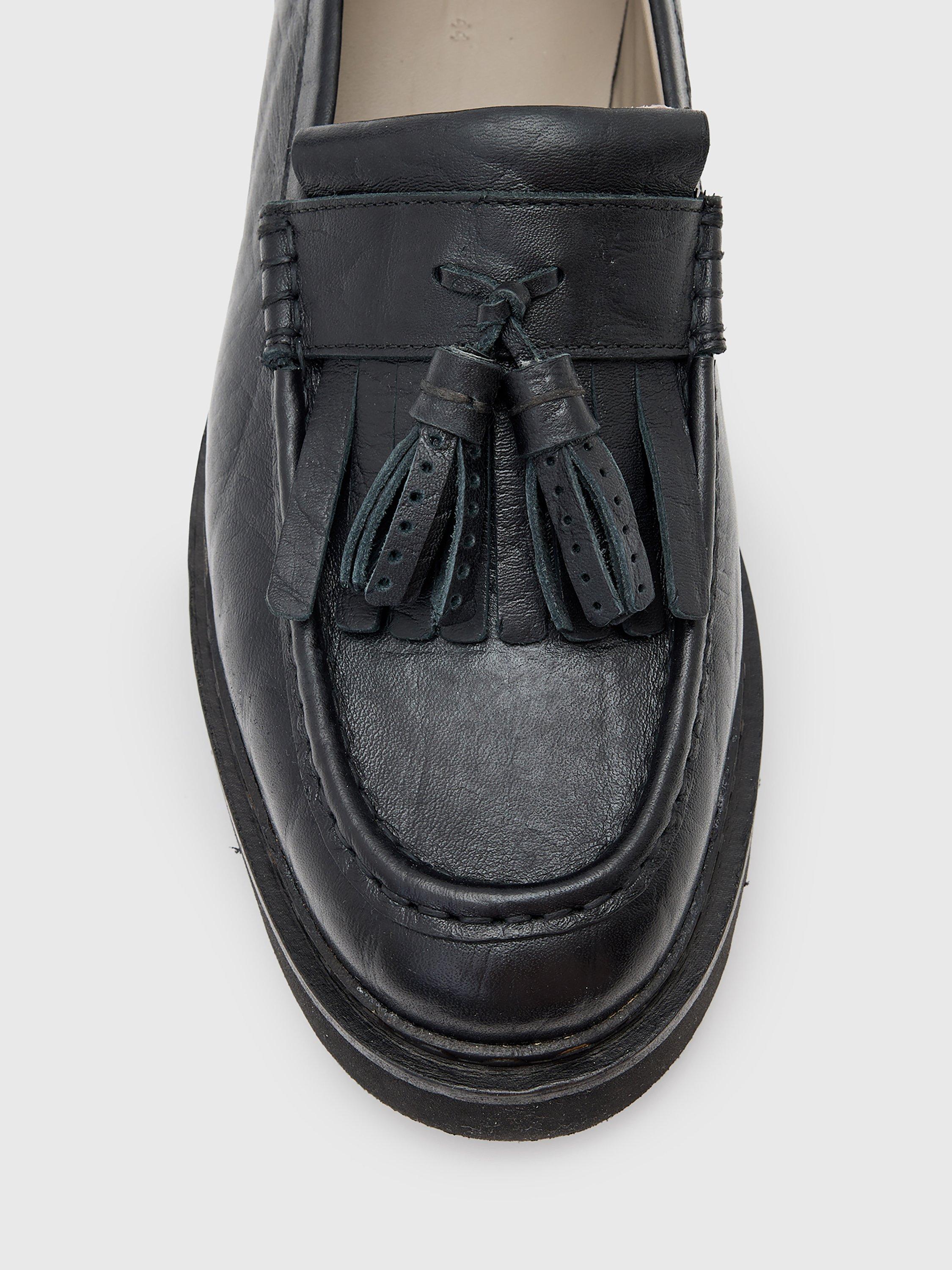 Product image 2 of 5, which shows AllSaints Skiff Leather Tassel Loafers, Black, EU44