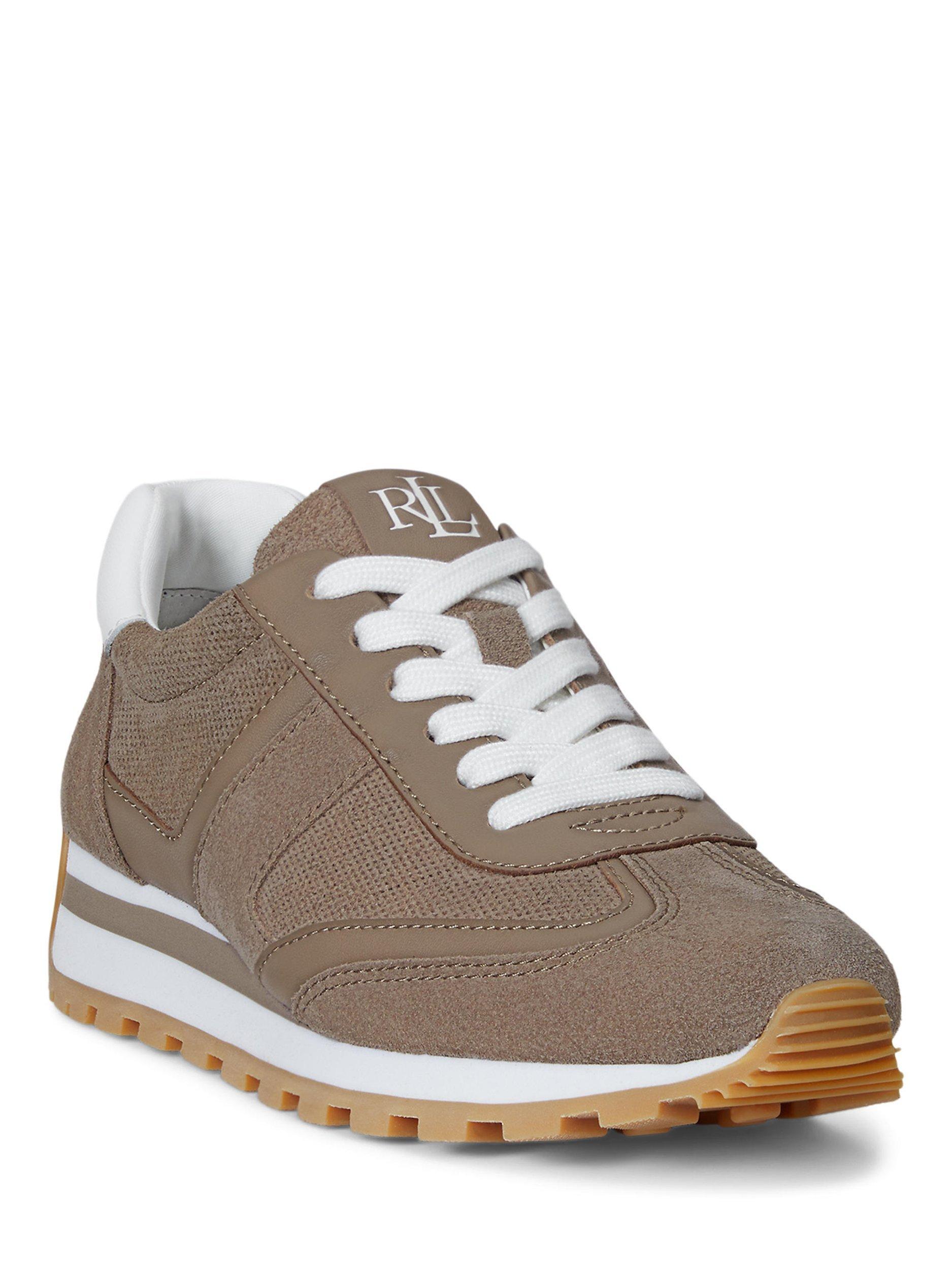 Product image 2 of 4, which shows Lauren Ralph Lauren Dani Perforated Suede Trainers, Taupe/White, 6