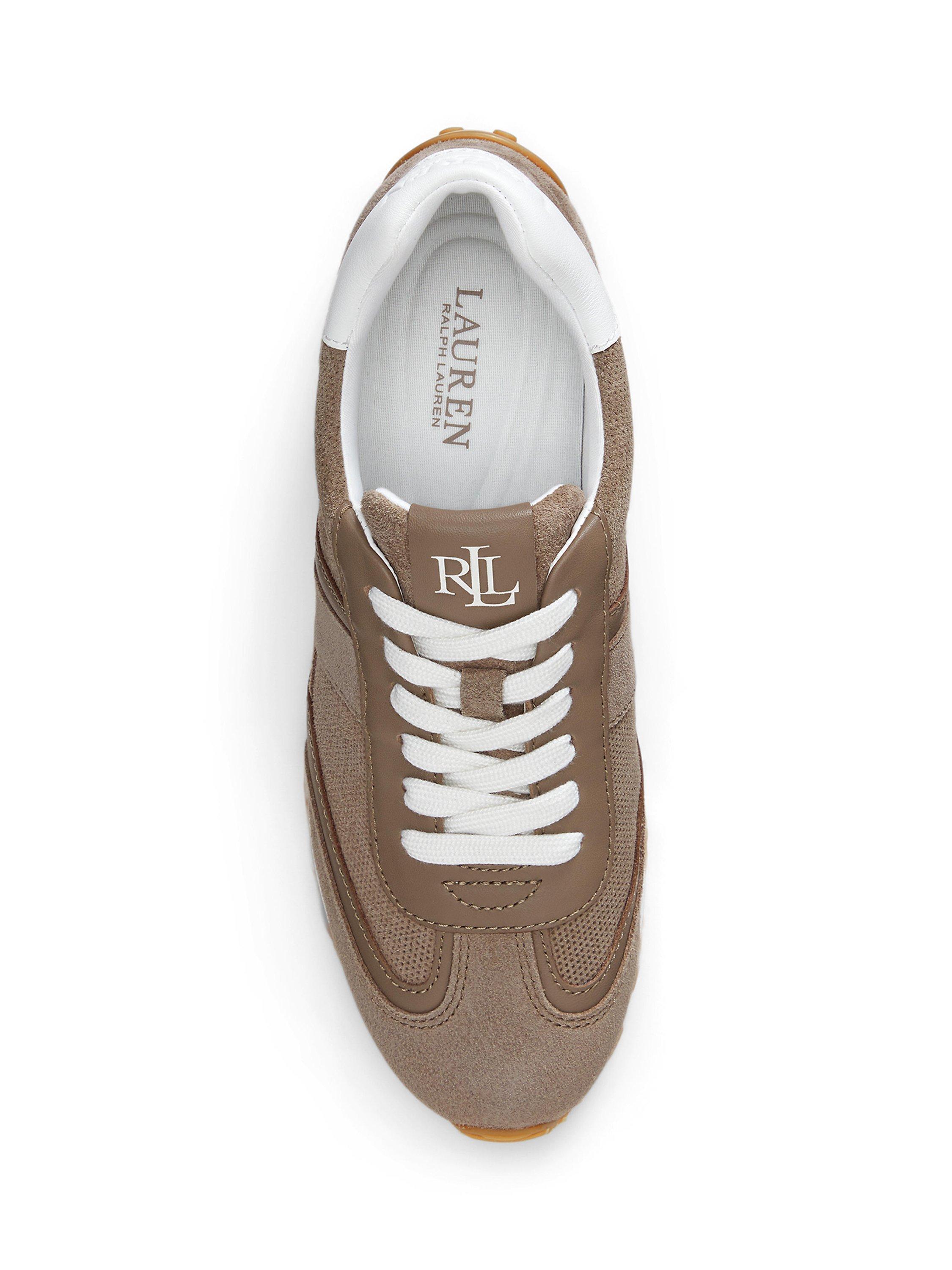 Product image 3 of 4, which shows Lauren Ralph Lauren Dani Perforated Suede Trainers, Taupe/White, 6