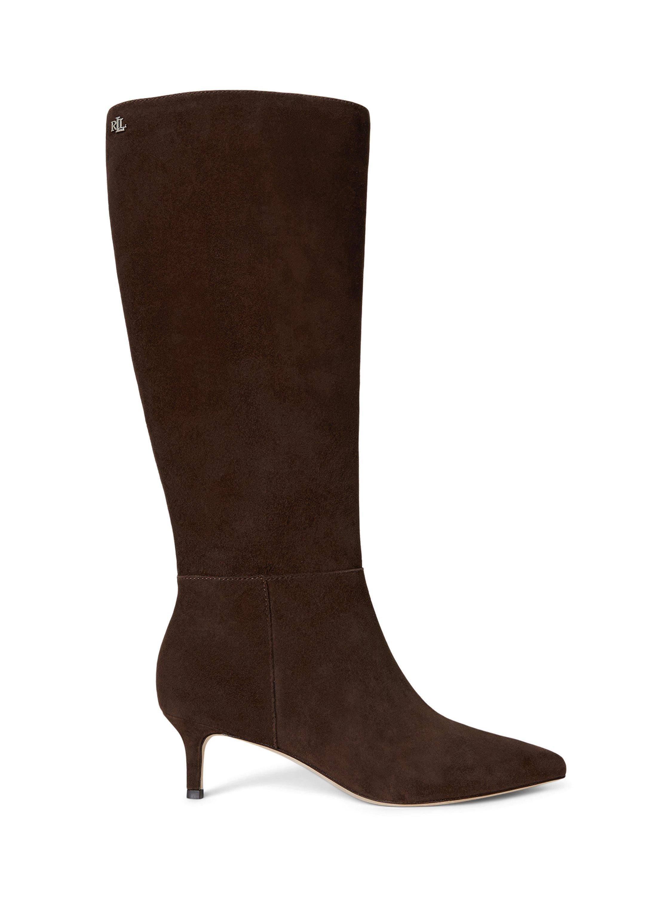 Product image 1 of 3, which shows Lauren Ralph Lauren McKay Suede Kitten Heel Knee Boots, Brown, 6