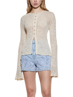 SISLEY Perforated Floral Design Cardigan Top, Beige