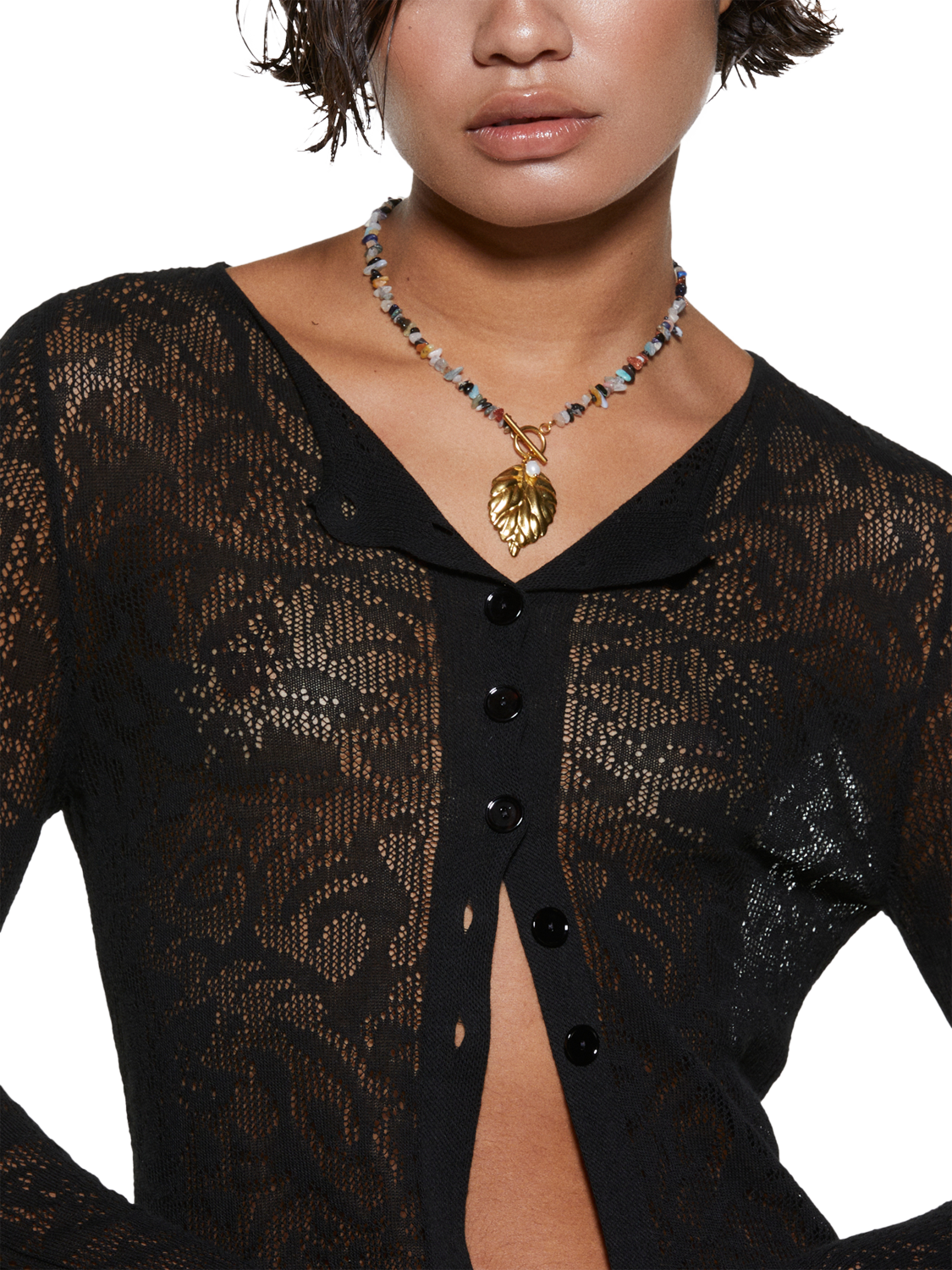 Product image 4 of 5, which shows SISLEY Perforated Floral Design Cardigan Top, Black, XS