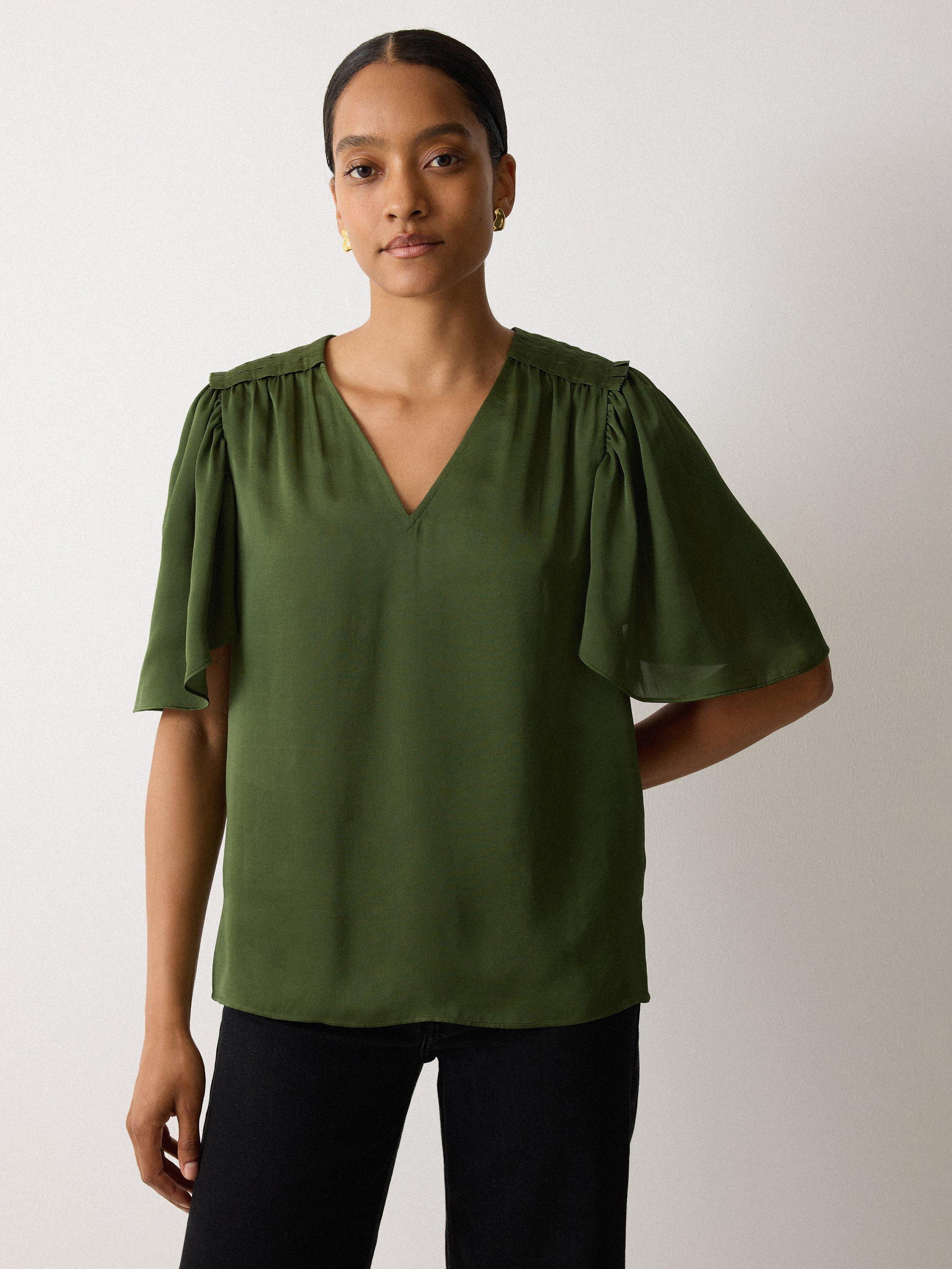 Product image 1 of 5, which shows Jigsaw Pleat Detail V-Neck Satin Top, Green, 6
