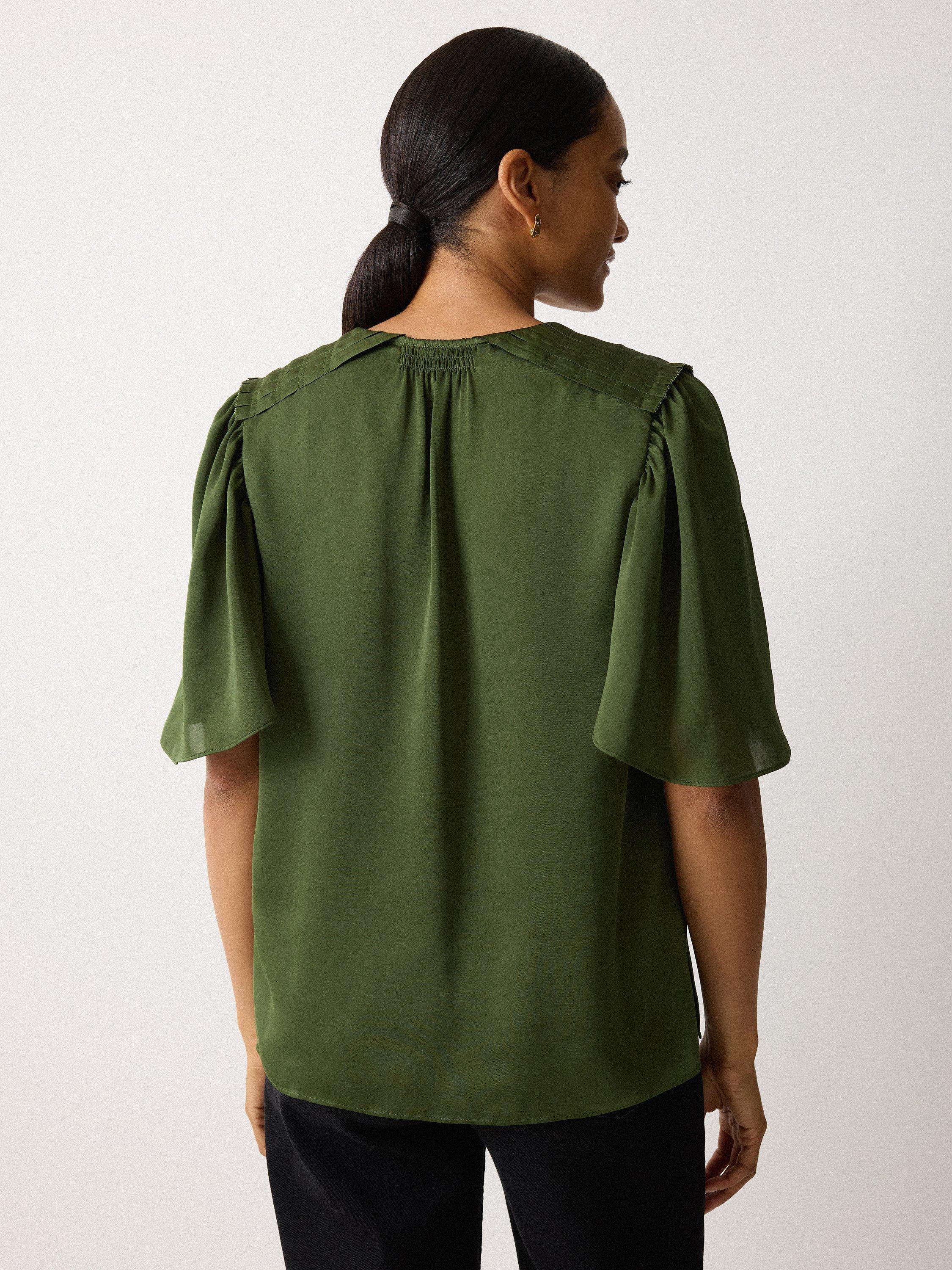 Product image 2 of 5, which shows Jigsaw Pleat Detail V-Neck Satin Top, Green, 6