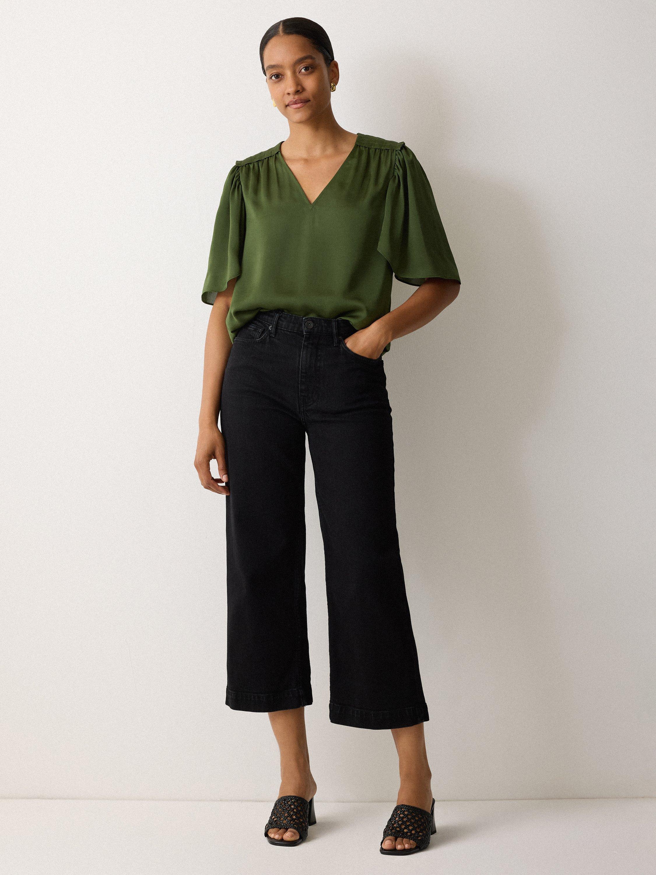 Product image 4 of 5, which shows Jigsaw Pleat Detail V-Neck Satin Top, Green, 6
