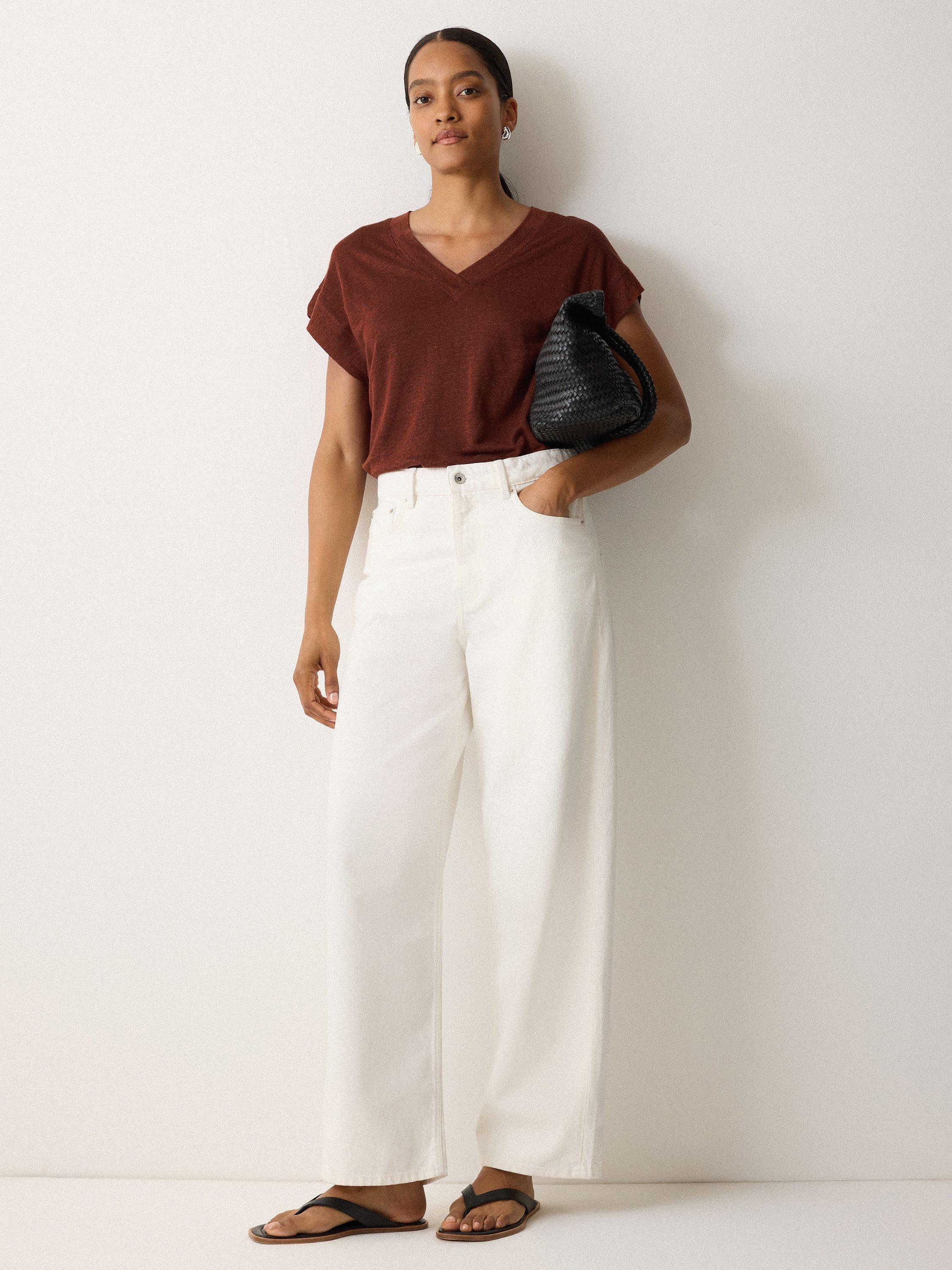 Product image 4 of 5, which shows Jigsaw V-Neck Pure Linen T-Shirt, Brown, XS