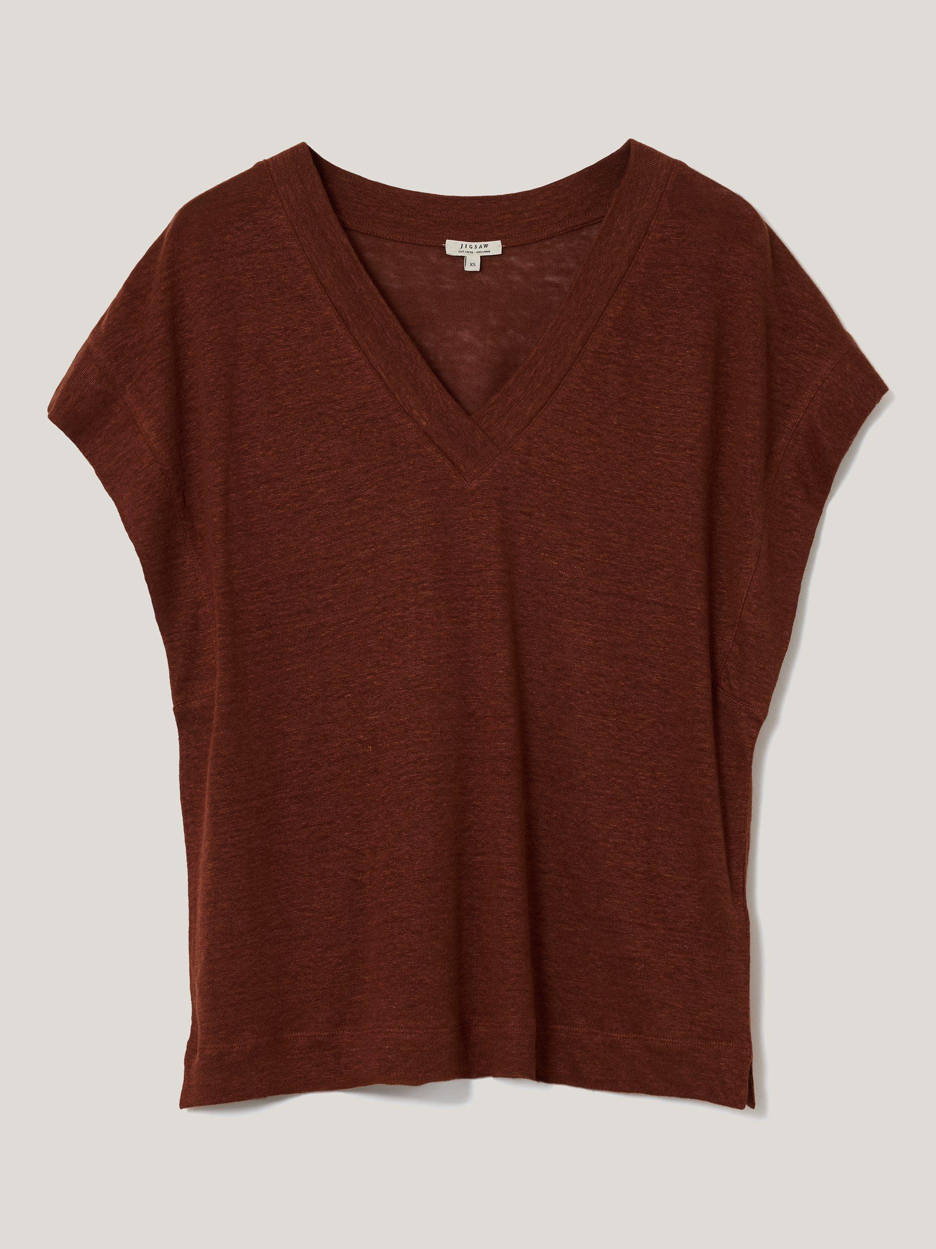 Product image 5 of 5, which shows Jigsaw V-Neck Pure Linen T-Shirt, Brown, XS