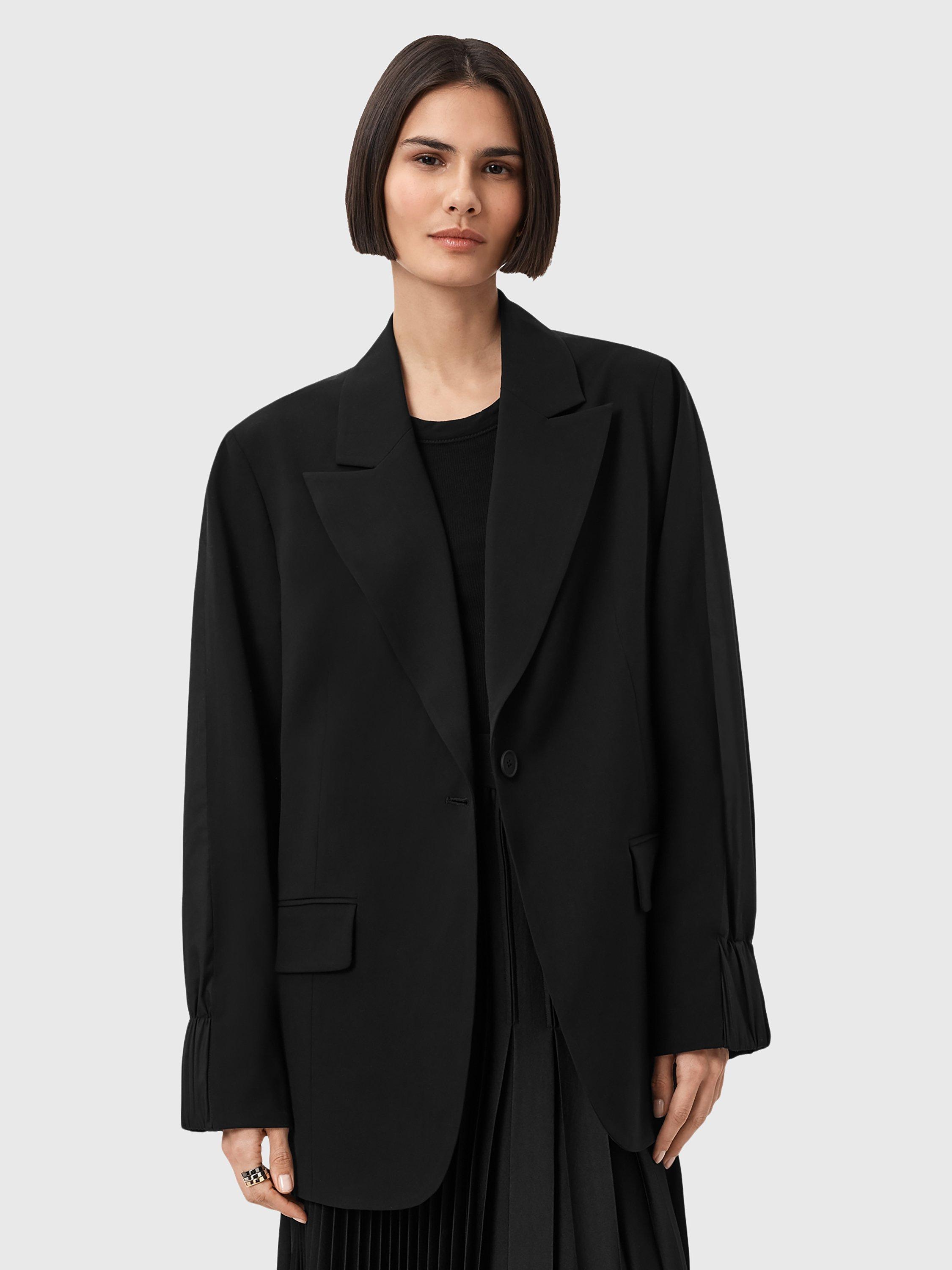 Product image 1 of 9, which shows AllSaints Alassett Longline Blazer, Black, 8