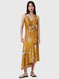 AllSaints Alexi Satin Floral Ruched Midi Dress, Armada Deep Yellow