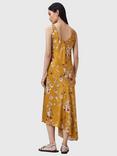 AllSaints Alexi Satin Floral Ruched Midi Dress, Armada Deep Yellow