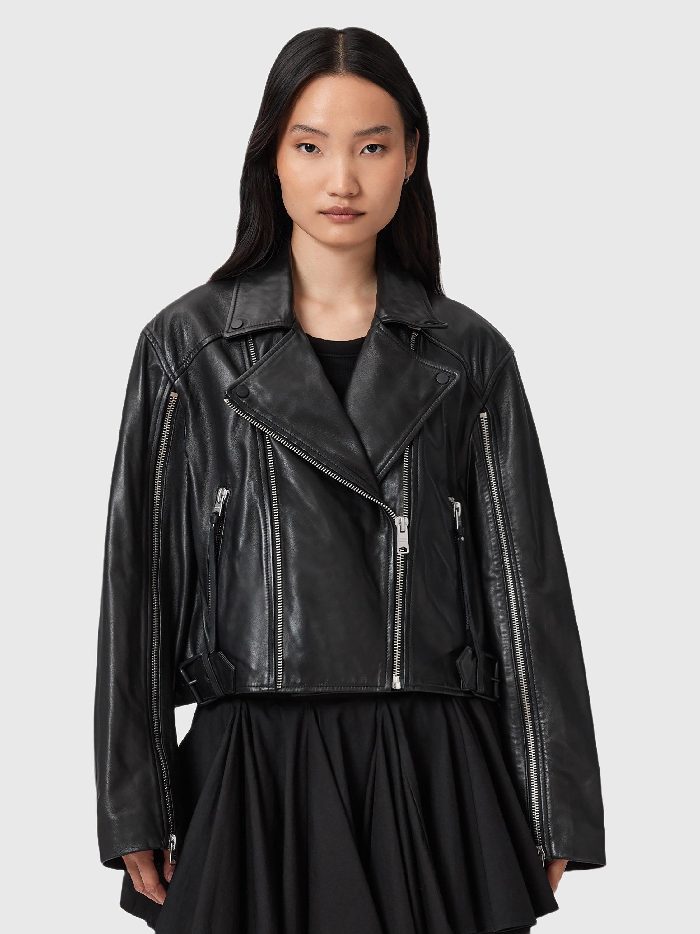 Product image 1 of 6, which shows AllSaints Masone Zip Sleeve Leather Biker Jacket, Black, XS