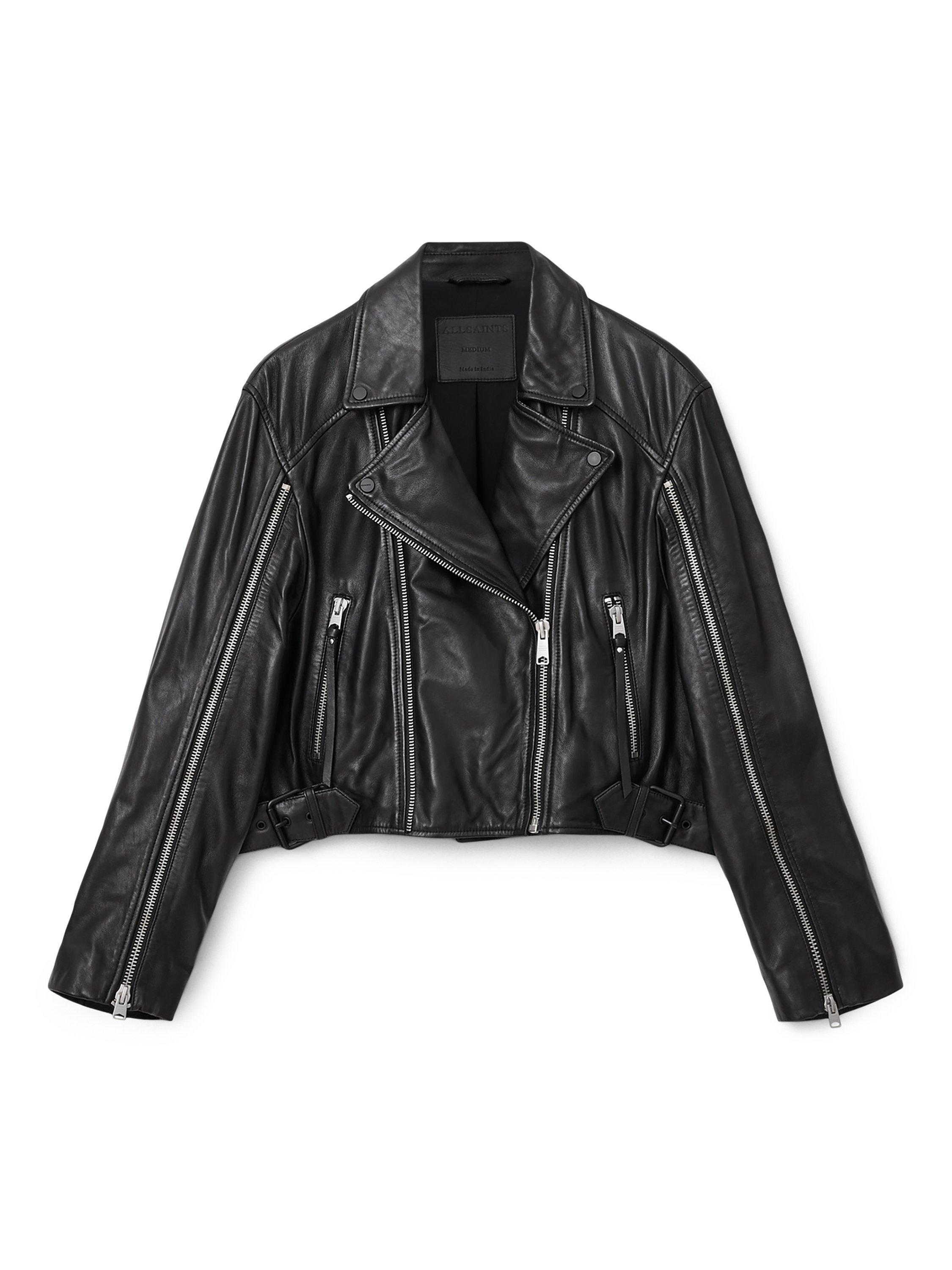 Product image 4 of 6, which shows AllSaints Masone Zip Sleeve Leather Biker Jacket, Black, XS