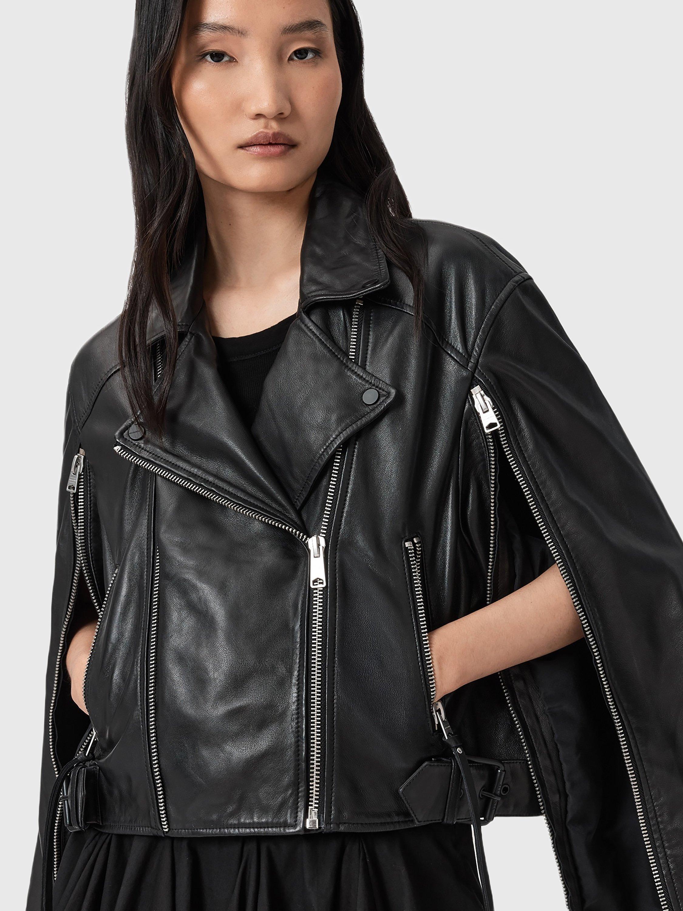 Product image 5 of 6, which shows AllSaints Masone Zip Sleeve Leather Biker Jacket, Black, XS