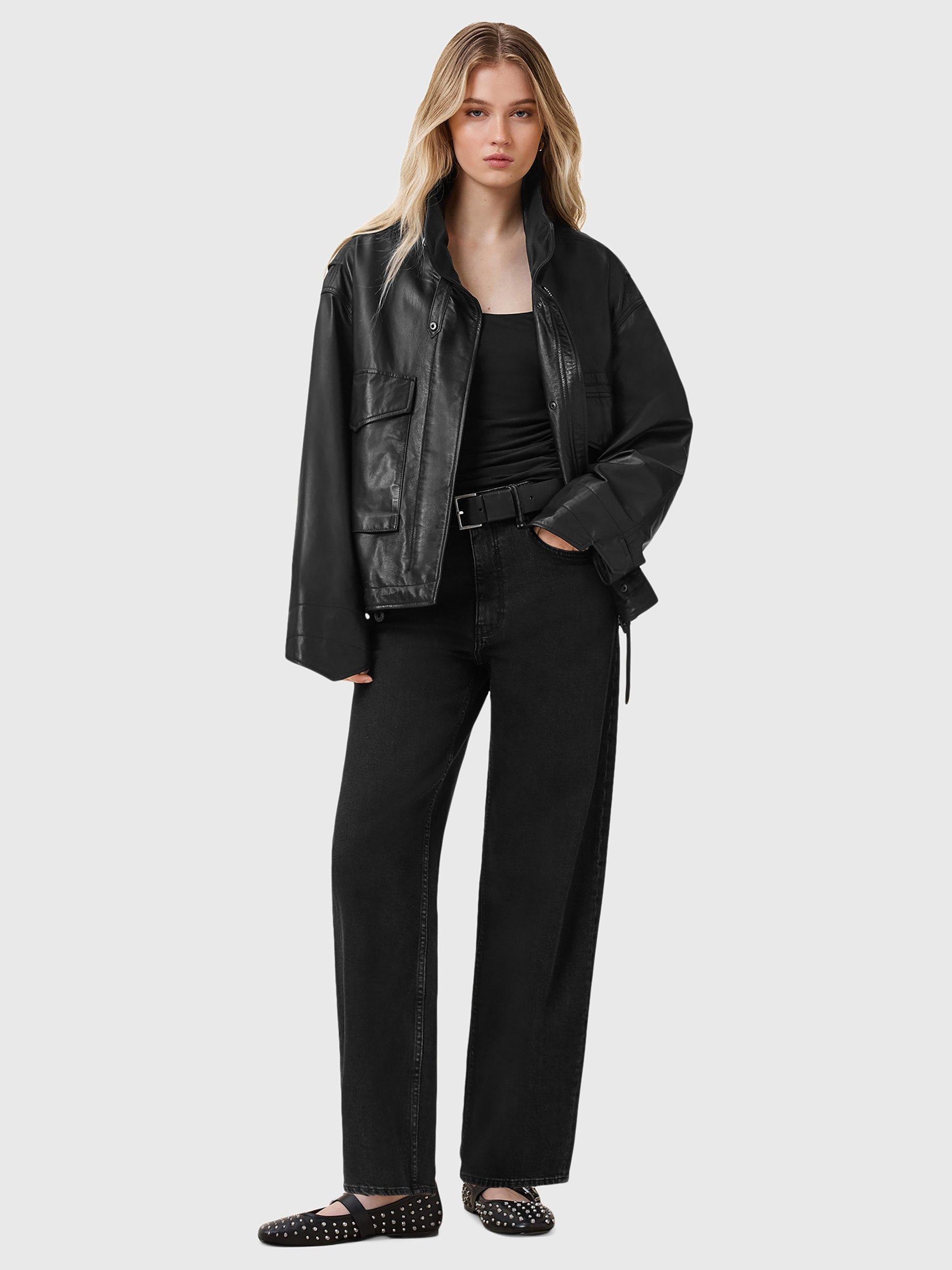 Product image 3 of 8, which shows AllSaints Sadie Barrel Leg Jeans, Washed Black, 6