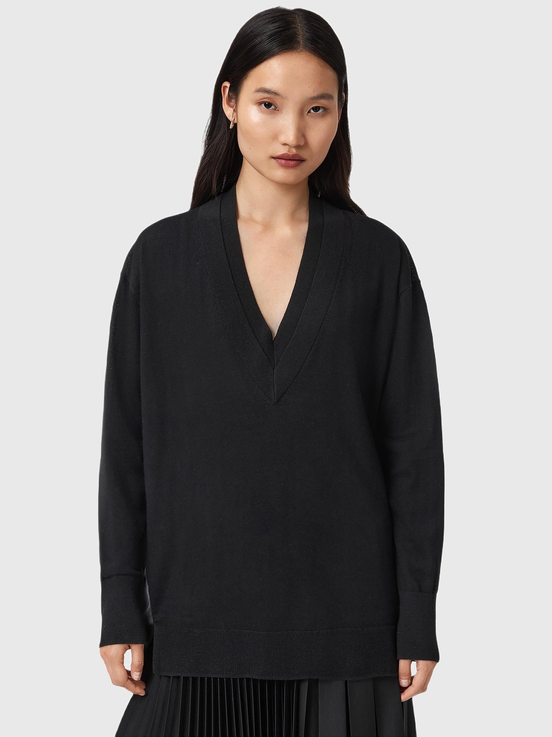 Product image 1 of 7, which shows AllSaints Bern Panel V-Neck Wool Blend Jumper, Black, XS