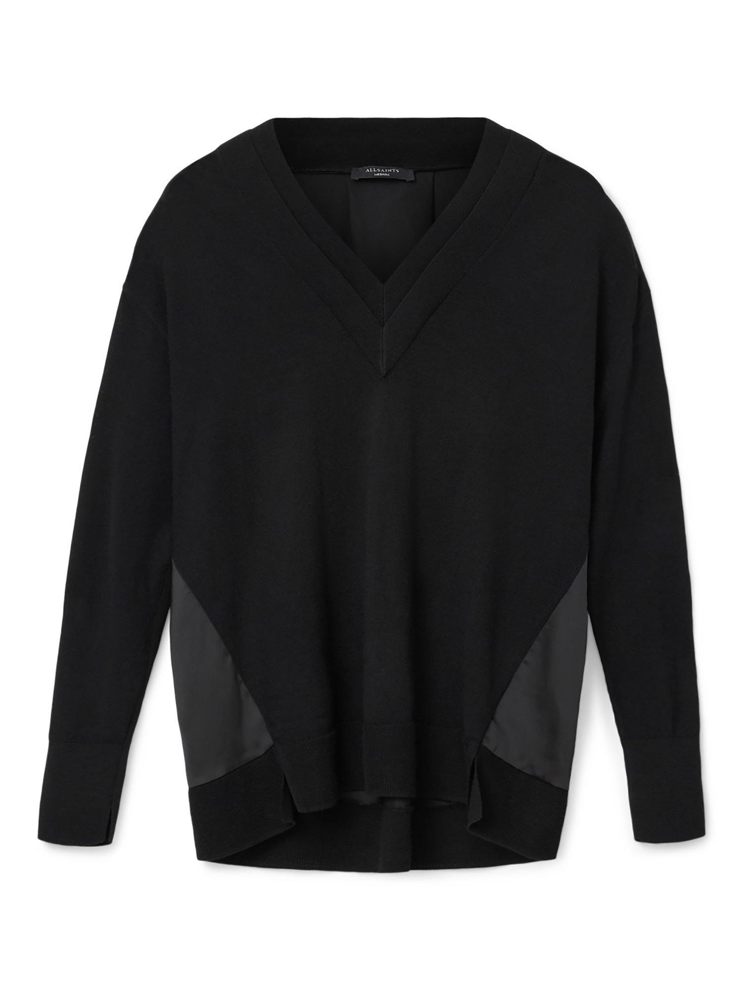Product image 4 of 7, which shows AllSaints Bern Panel V-Neck Wool Blend Jumper, Black, XS
