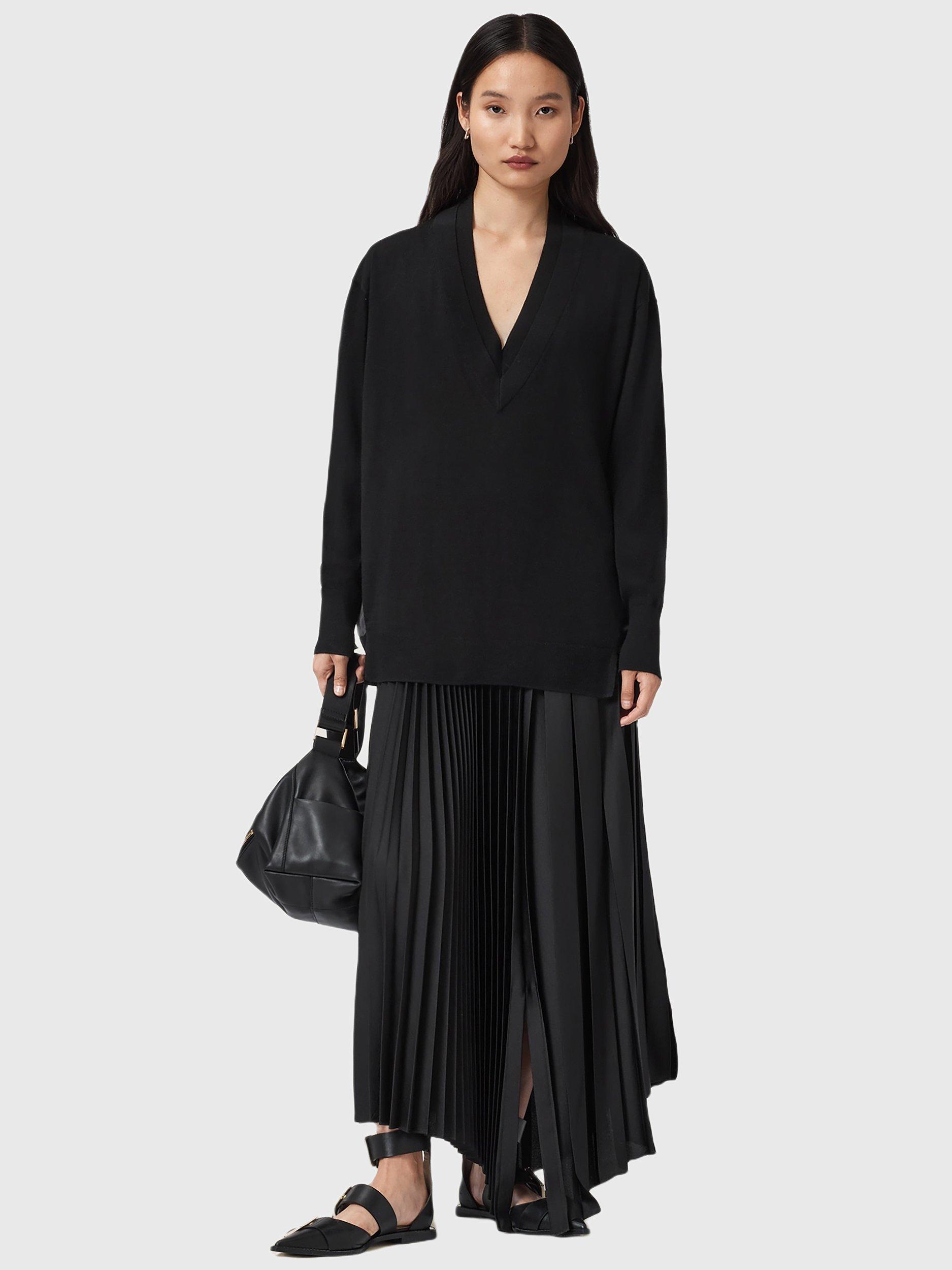 Product image 6 of 7, which shows AllSaints Bern Panel V-Neck Wool Blend Jumper, Black, XS