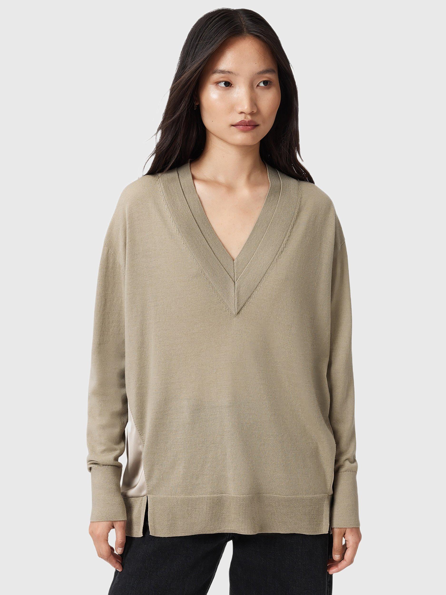 Product image 1 of 9, which shows AllSaints Bern Wool Panel V-Neck Jumper, Taupe Grey, XS