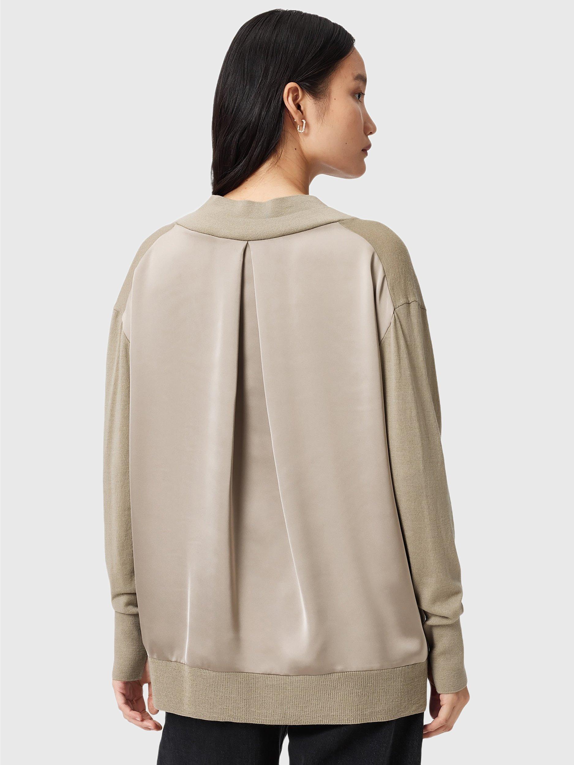 Product image 2 of 9, which shows AllSaints Bern Wool Panel V-Neck Jumper, Taupe Grey, XS