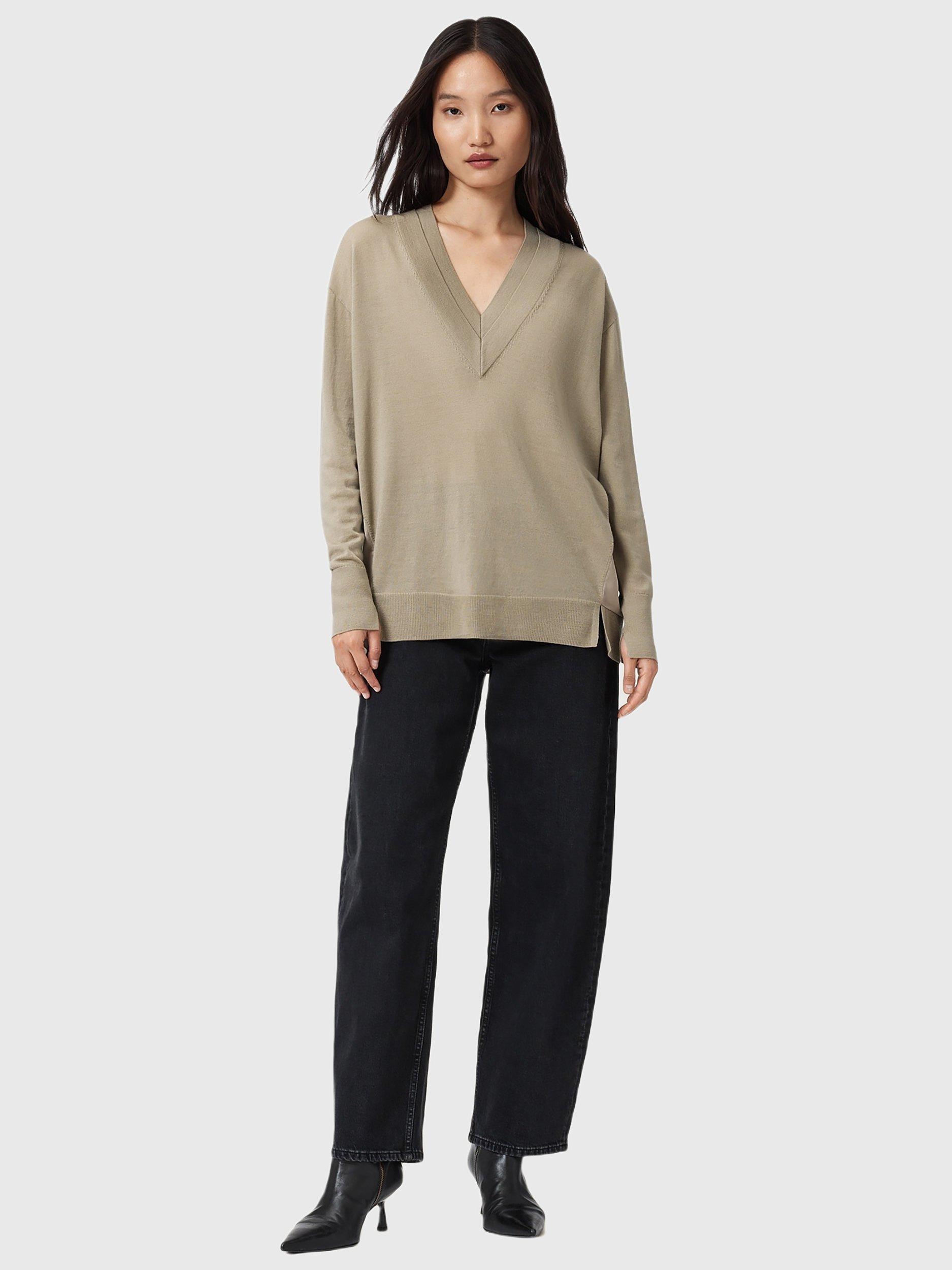 Product image 3 of 9, which shows AllSaints Bern Wool Panel V-Neck Jumper, Taupe Grey, XS