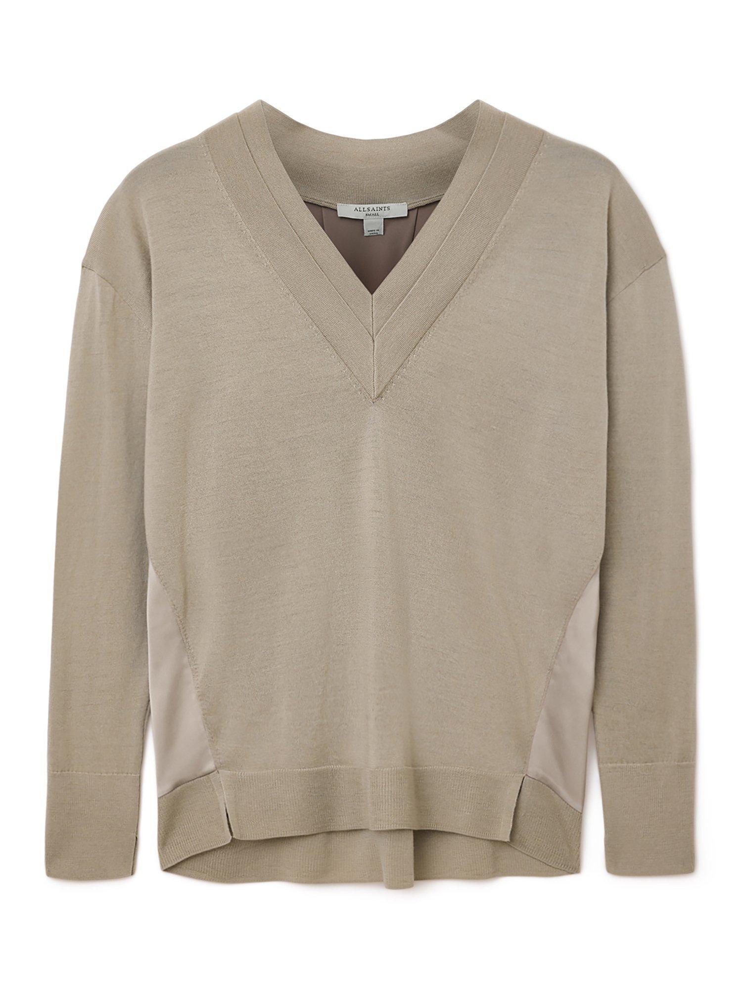 Product image 4 of 9, which shows AllSaints Bern Wool Panel V-Neck Jumper, Taupe Grey, XS