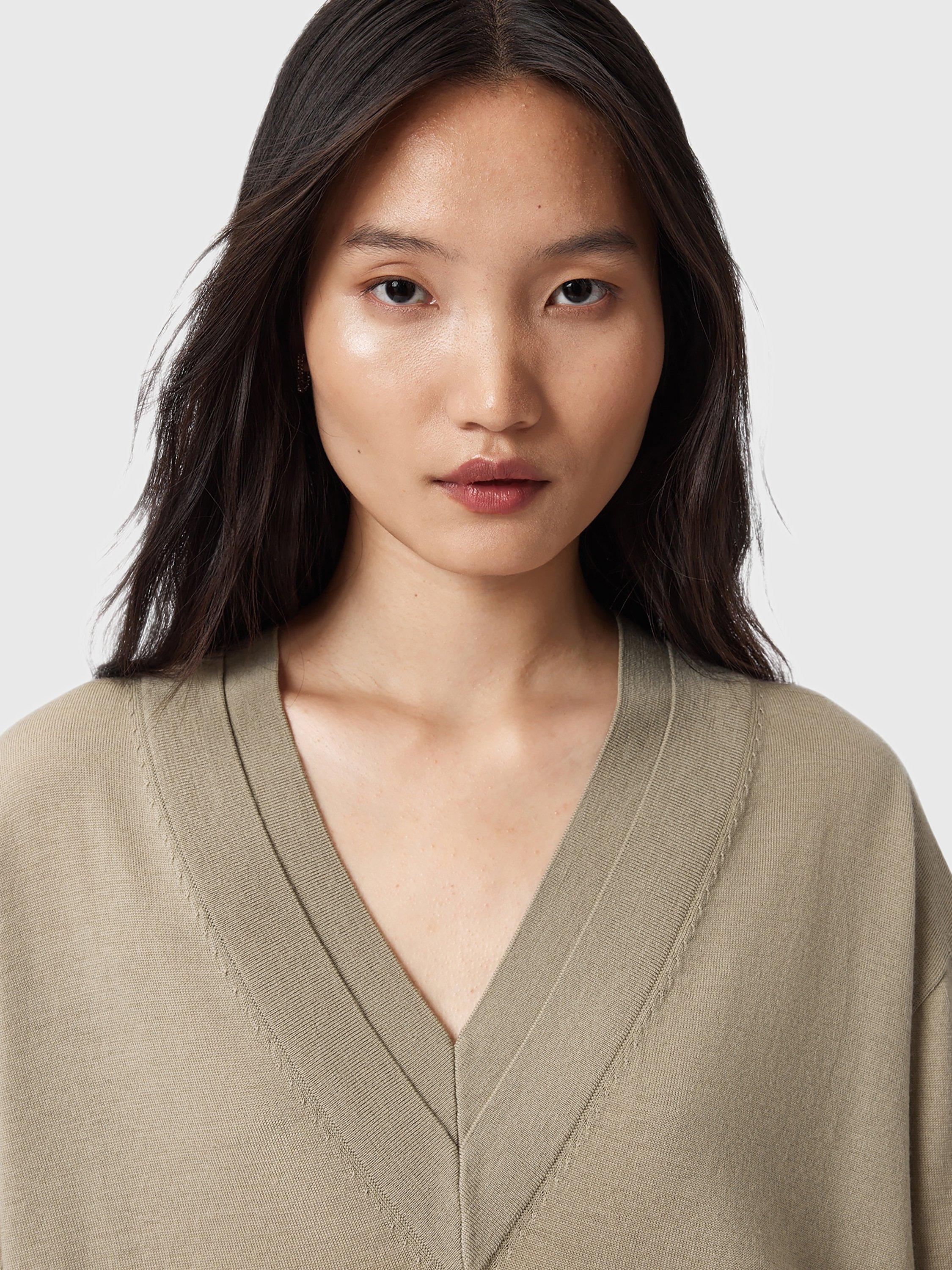 Product image 5 of 9, which shows AllSaints Bern Wool Panel V-Neck Jumper, Taupe Grey, XS