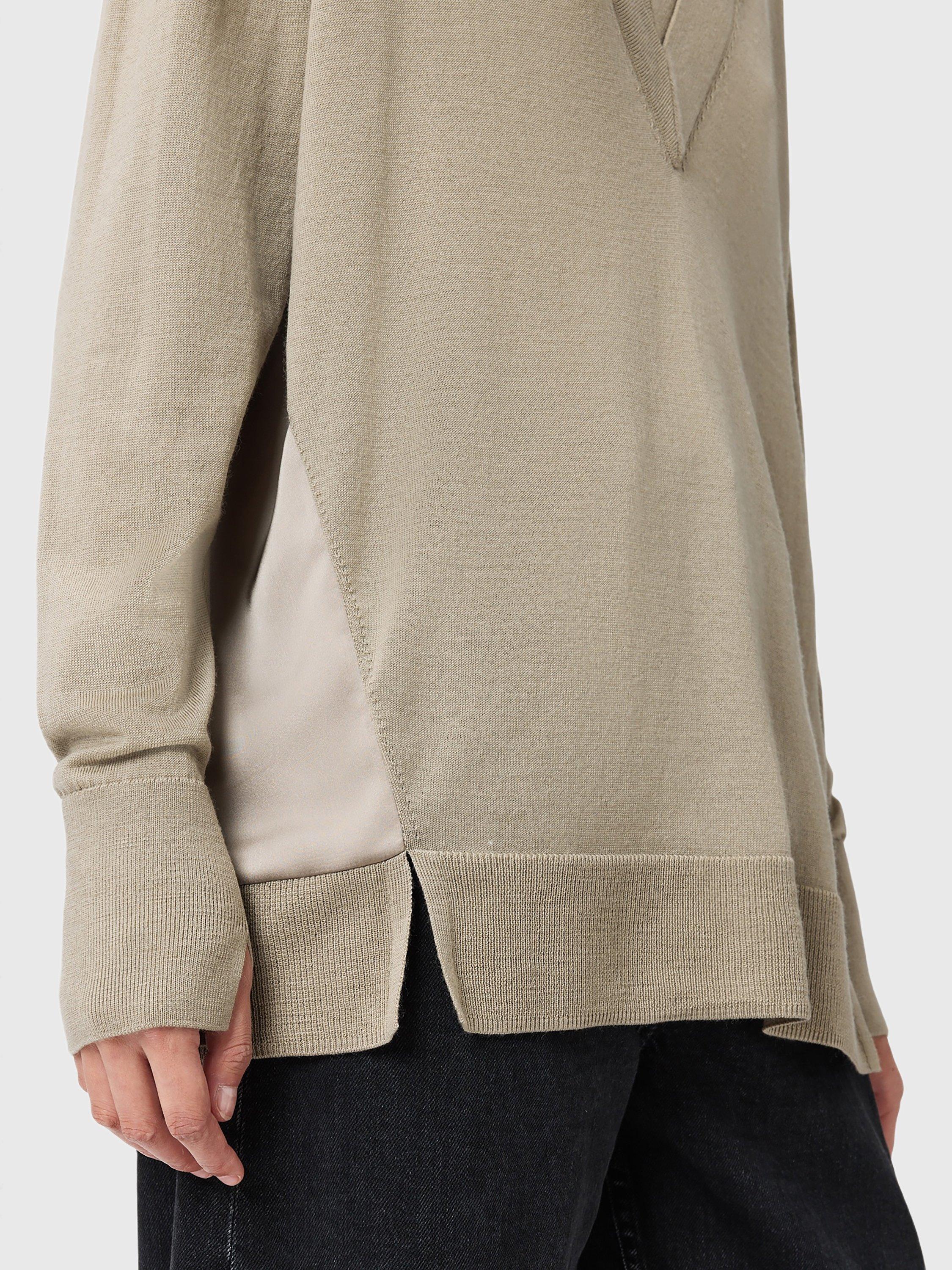 Product image 6 of 9, which shows AllSaints Bern Wool Panel V-Neck Jumper, Taupe Grey, XS