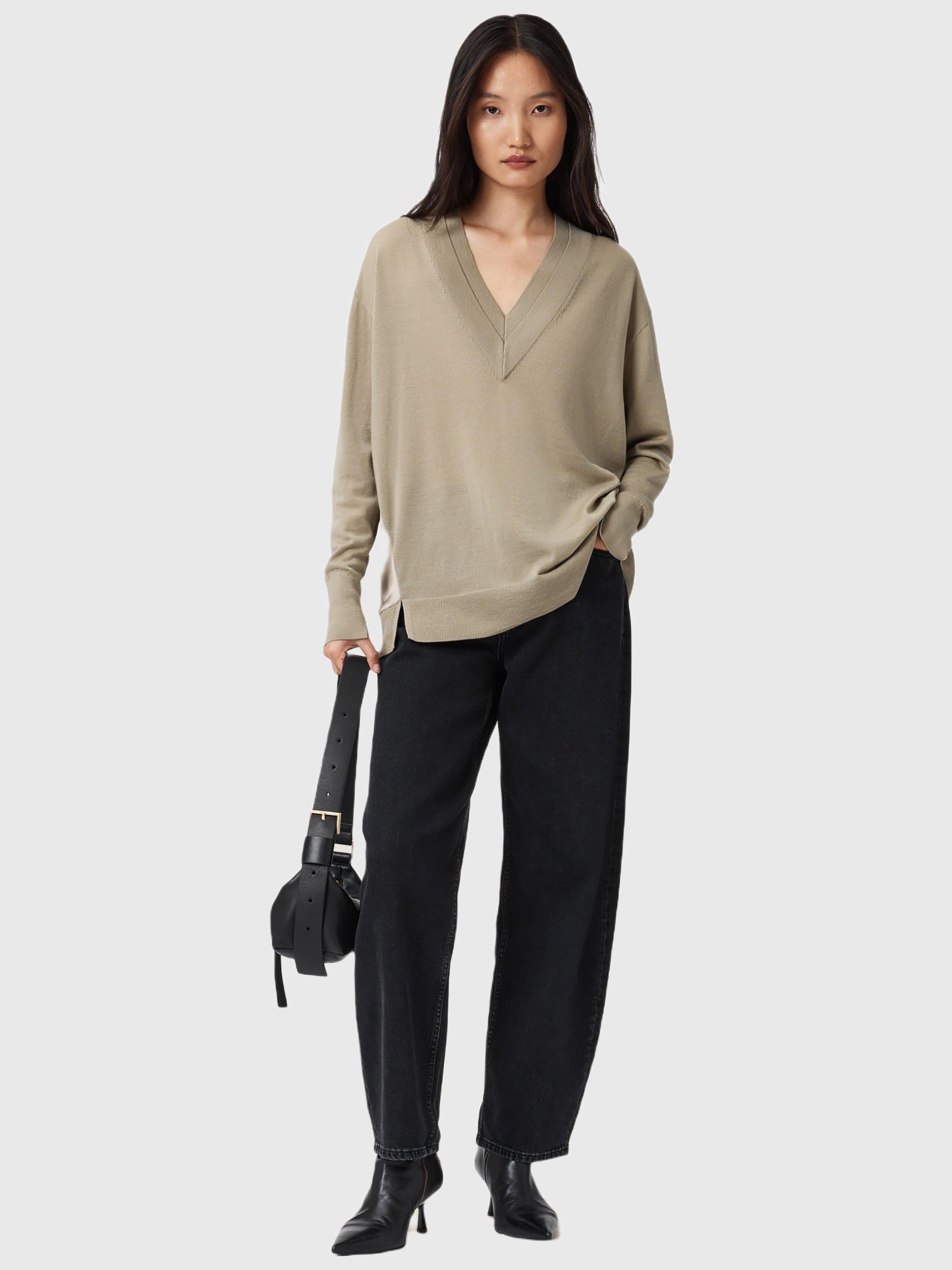 Product image 7 of 9, which shows AllSaints Bern Wool Panel V-Neck Jumper, Taupe Grey, XS