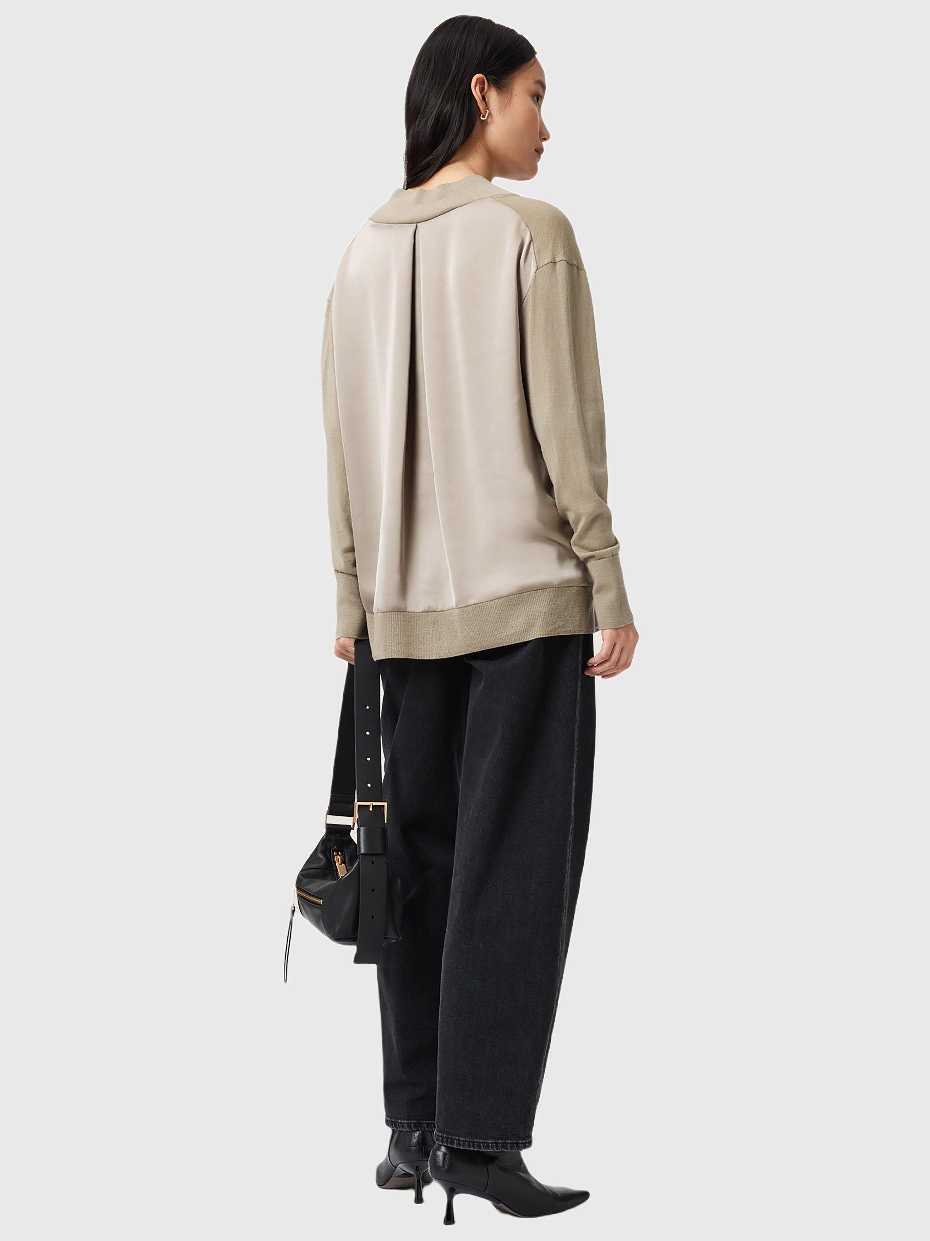 Product image 9 of 9, which shows AllSaints Bern Wool Panel V-Neck Jumper, Taupe Grey, XS