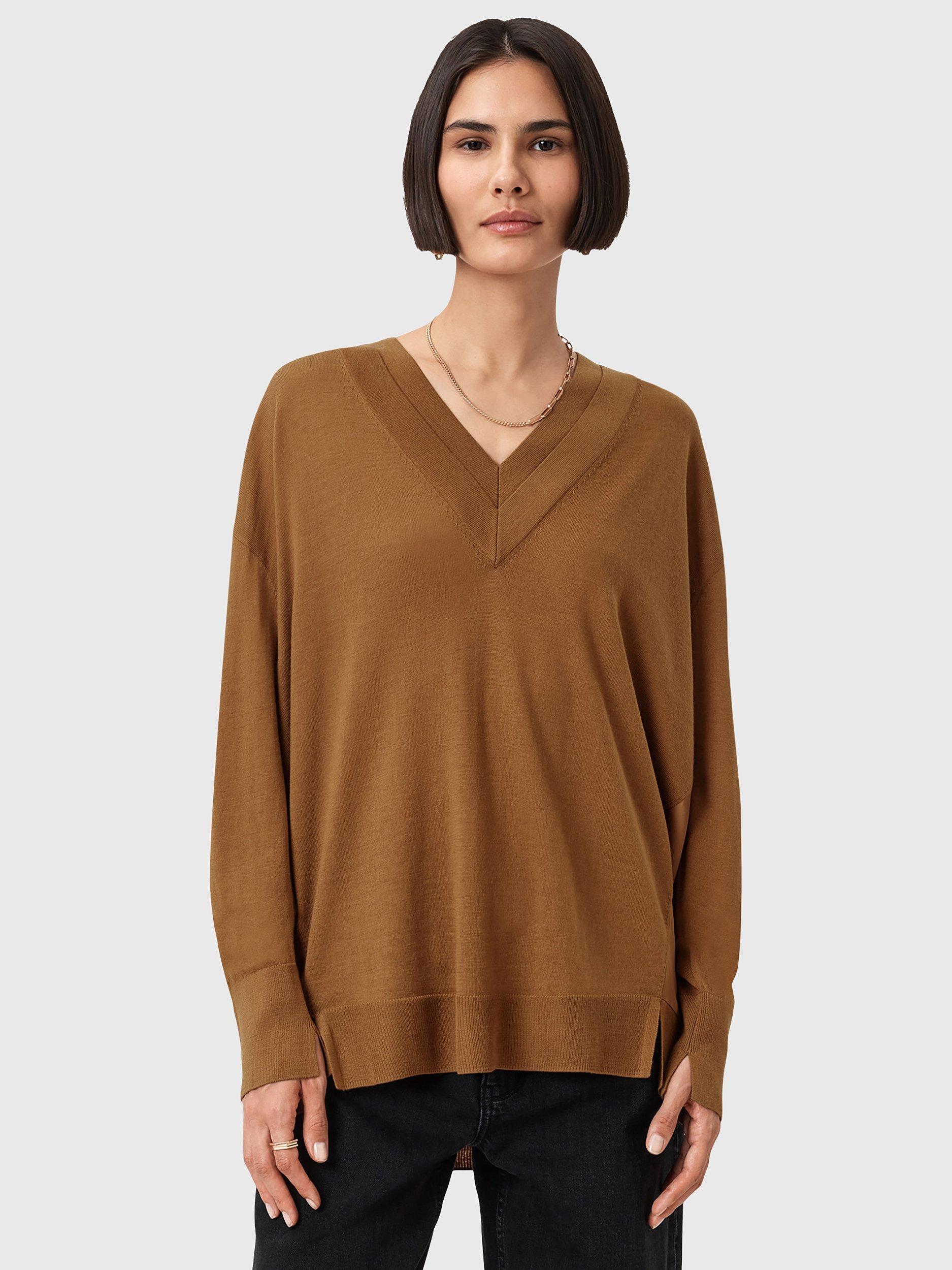 Product image 1 of 8, which shows AllSaints Bern Wool Panel V-Neck Jumper, Caramel Brown, XS