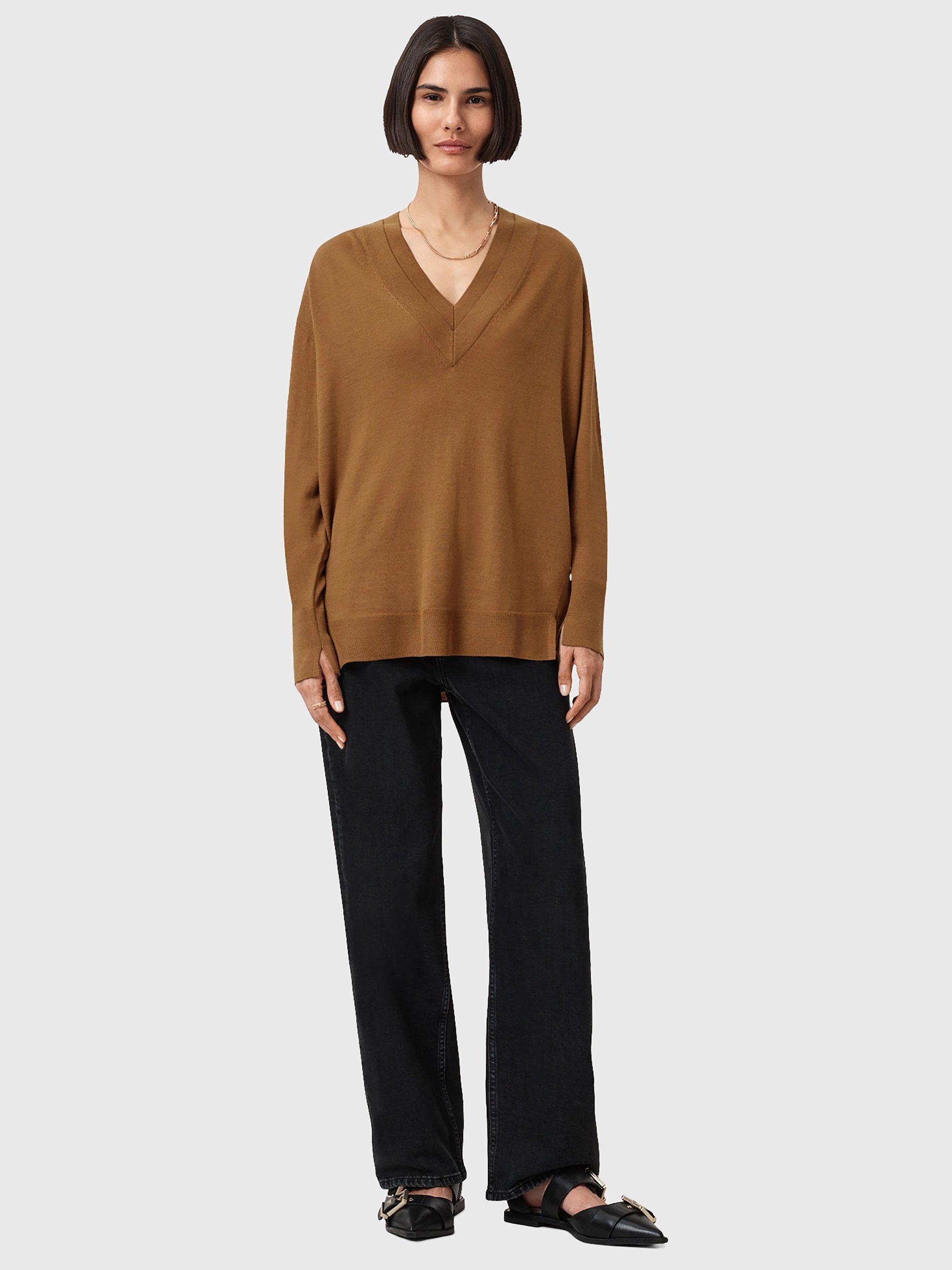 Product image 3 of 8, which shows AllSaints Bern Wool Panel V-Neck Jumper, Caramel Brown, XS