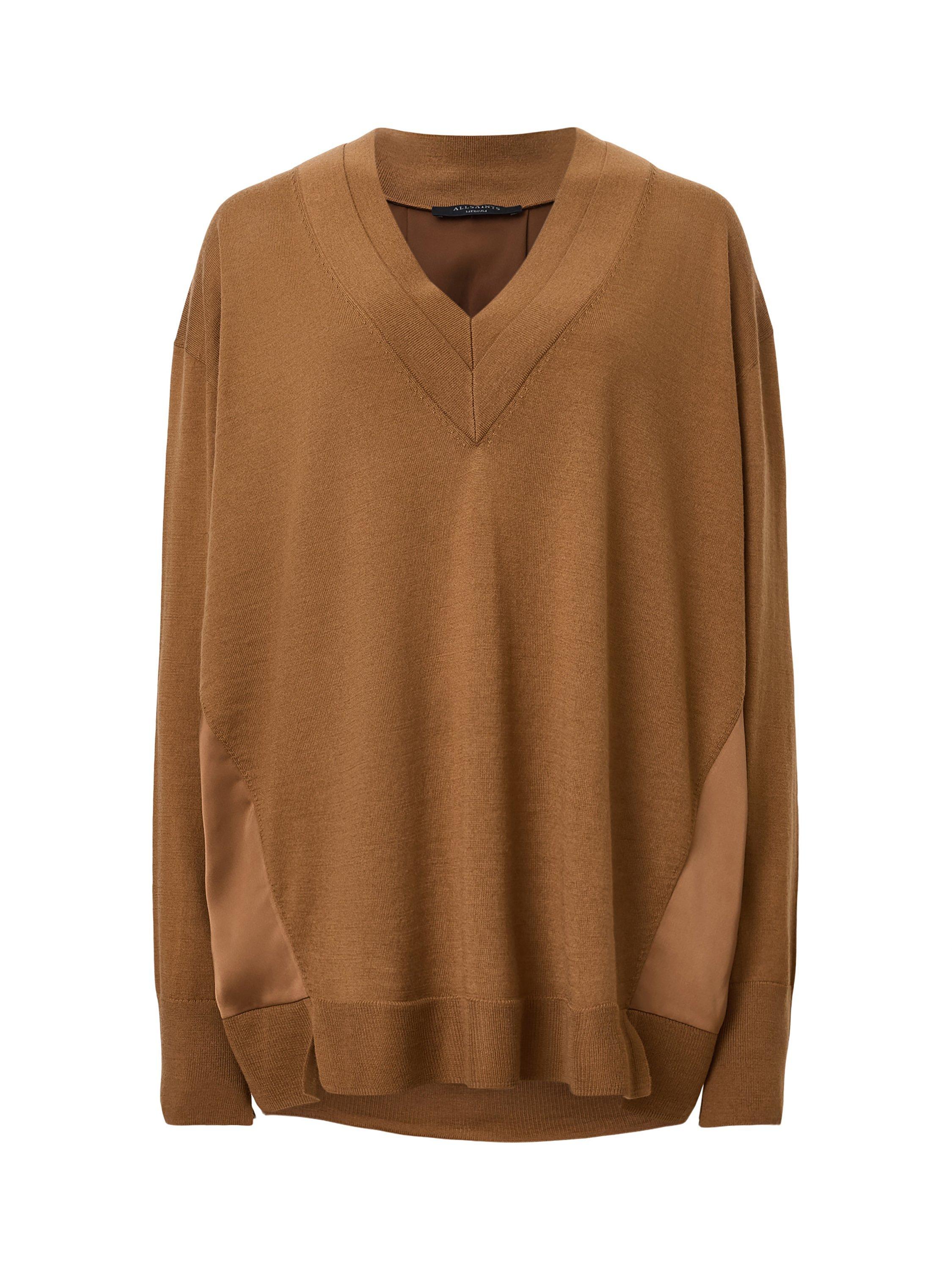 Product image 4 of 8, which shows AllSaints Bern Wool Panel V-Neck Jumper, Caramel Brown, XS