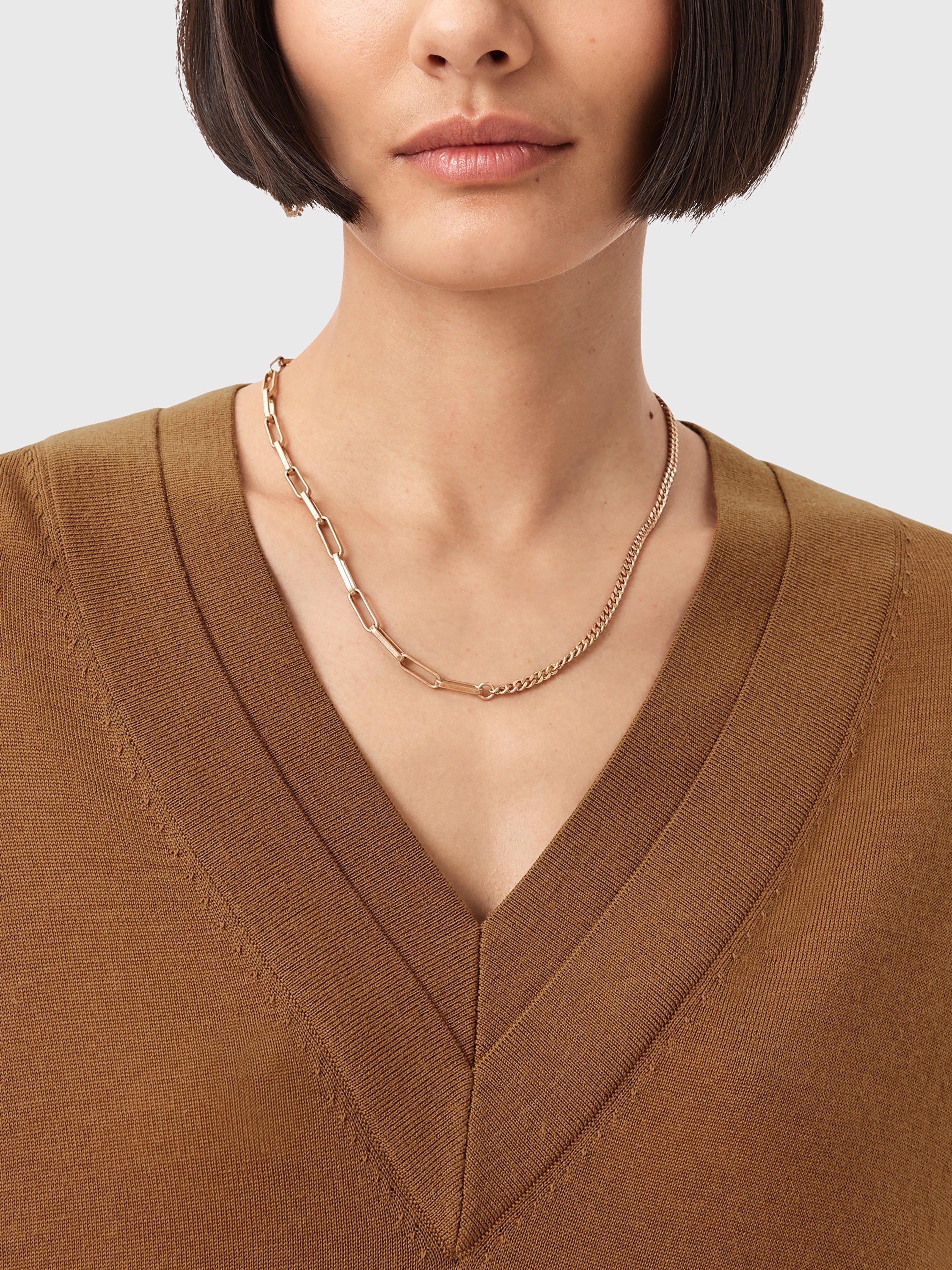Product image 5 of 8, which shows AllSaints Bern Wool Panel V-Neck Jumper, Caramel Brown, XS