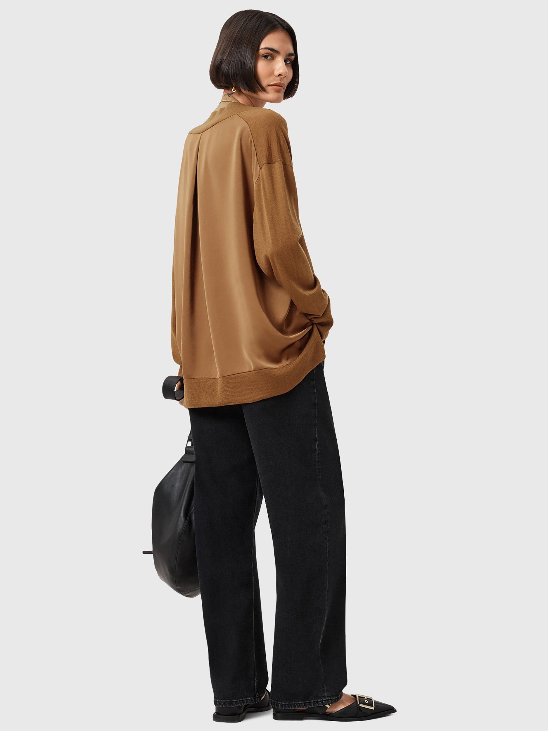 Product image 6 of 8, which shows AllSaints Bern Wool Panel V-Neck Jumper, Caramel Brown, XS