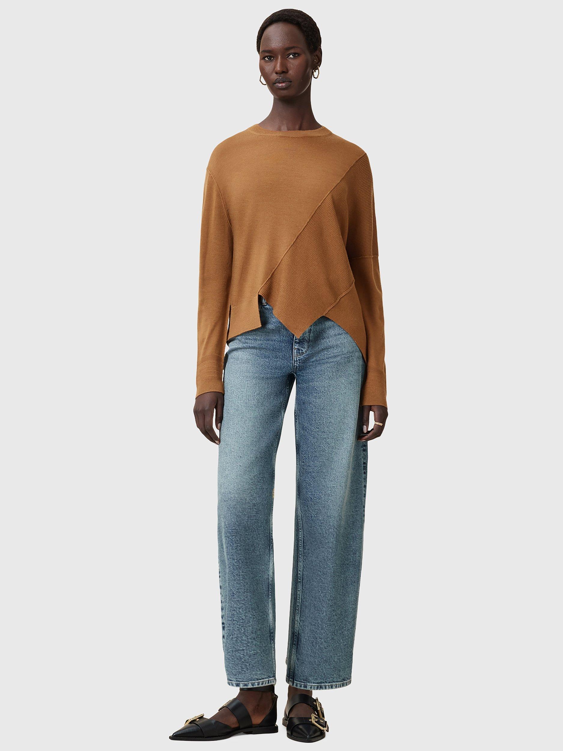 Product image 3 of 8, which shows AllSaints Isla Wool Asymmetric Hem Jumper, Caramel Brown, S