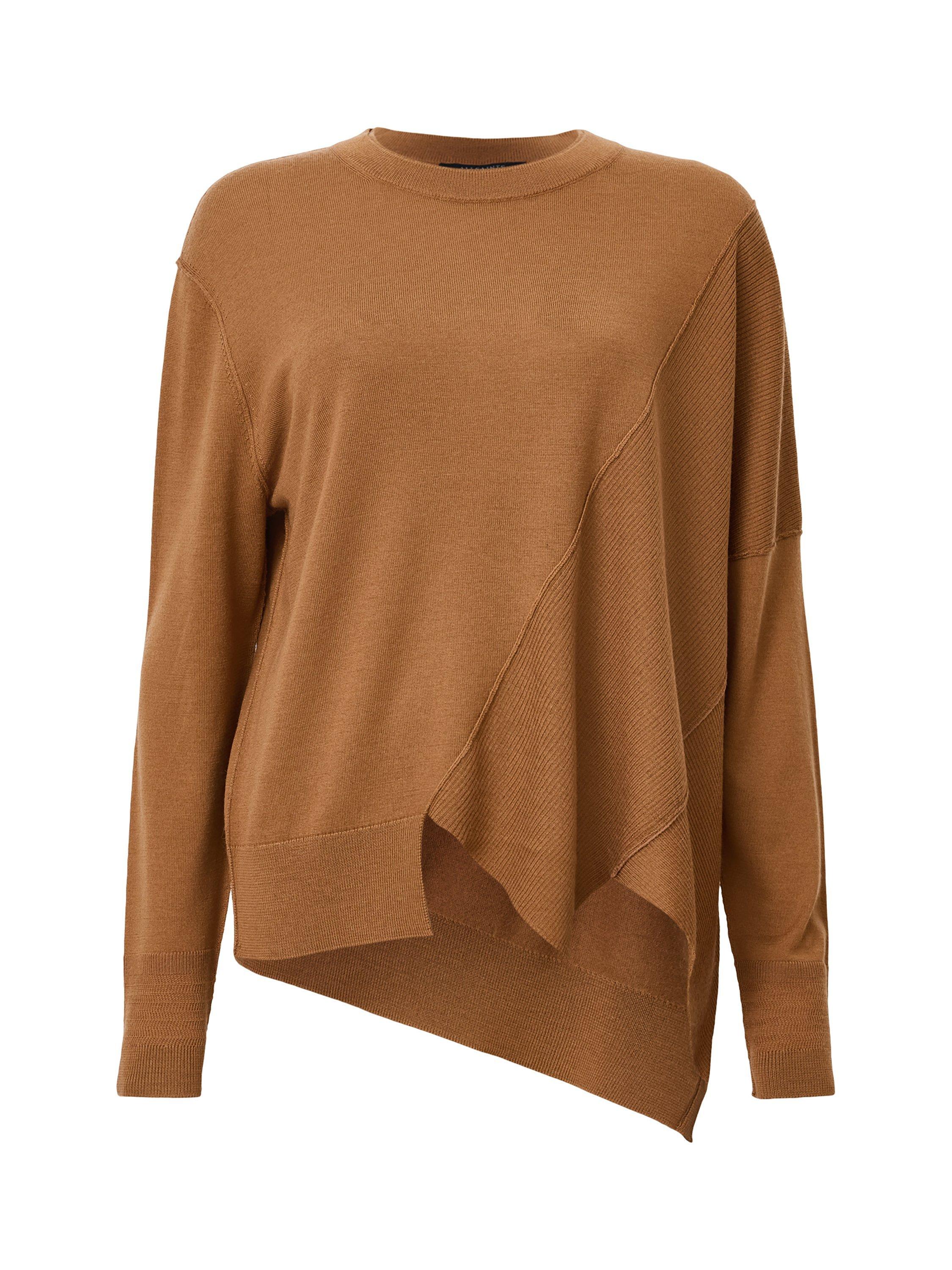Product image 4 of 8, which shows AllSaints Isla Wool Asymmetric Hem Jumper, Caramel Brown, S