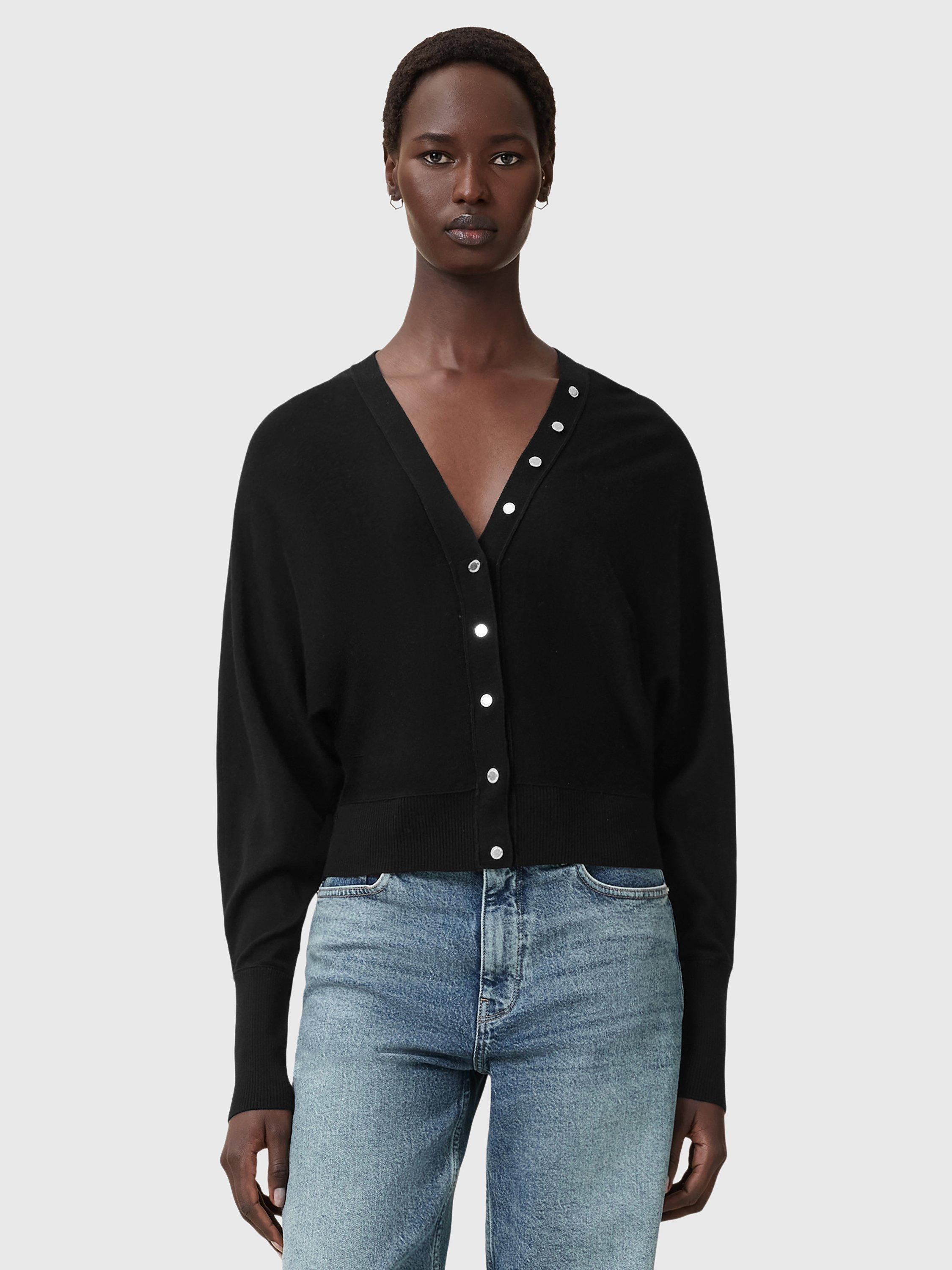 Product image 1 of 6, which shows AllSaints Honor Wool V-Neck Cardigan, Black, L